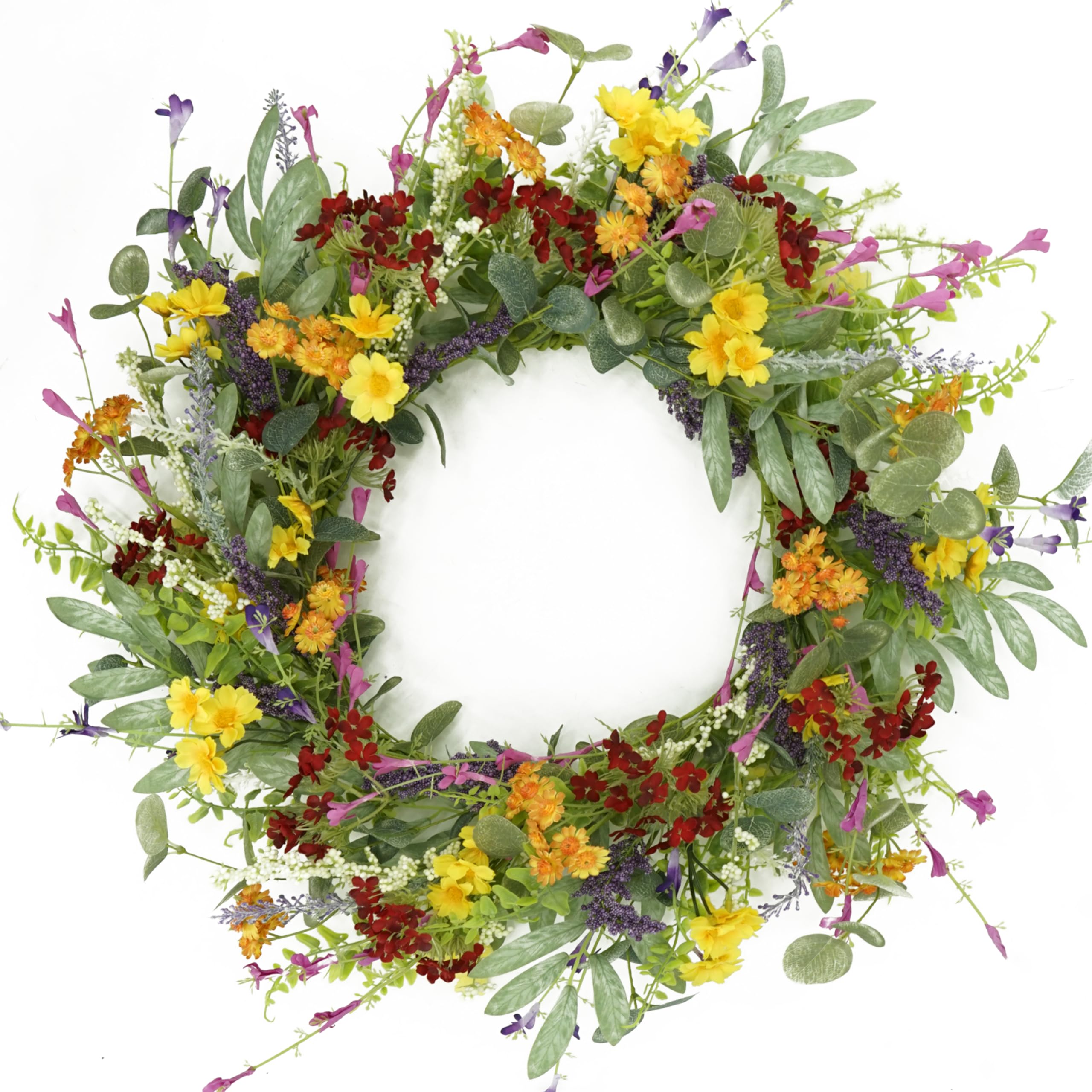 AMF0RESJ artificial spring wreath on front door with yellow daisies and olive leaves.