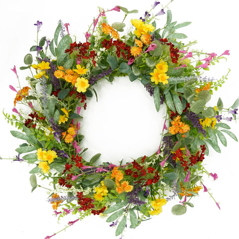 AMF0RESJ artificial spring wreath on front door with yellow daisies and olive leaves.