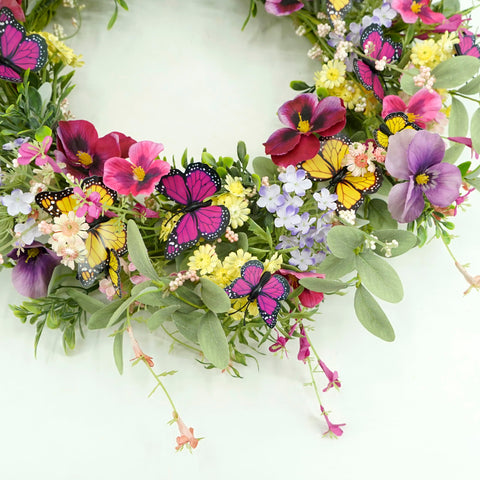 AMF0RESJ pansy-daisy combination wreath for charming farmhouse decor.