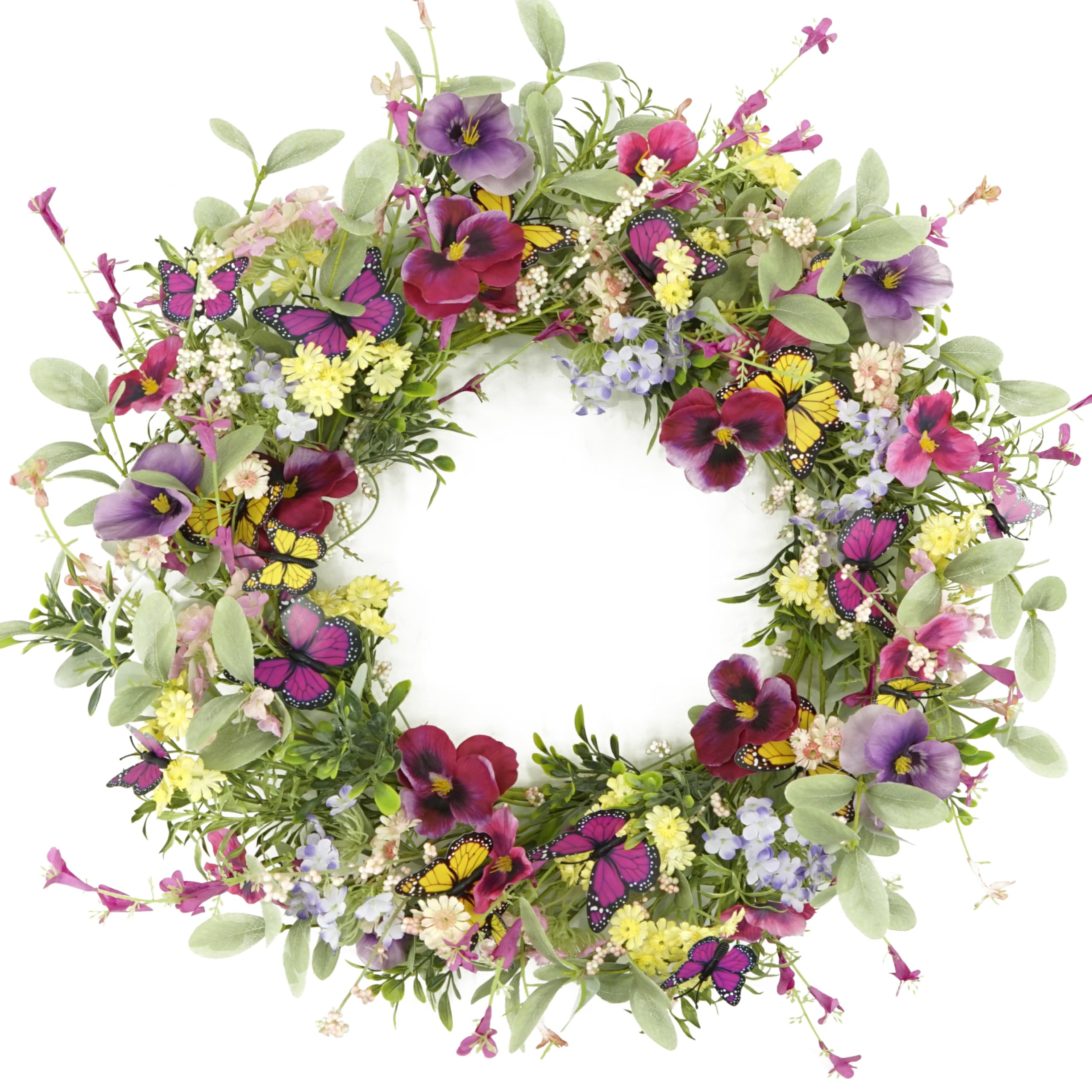 AMF0RESJ artificial spring wreath for front door with pansies adds welcoming color.