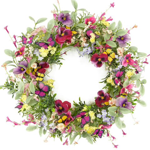 AMF0RESJ artificial spring wreath for front door with pansies adds welcoming color.