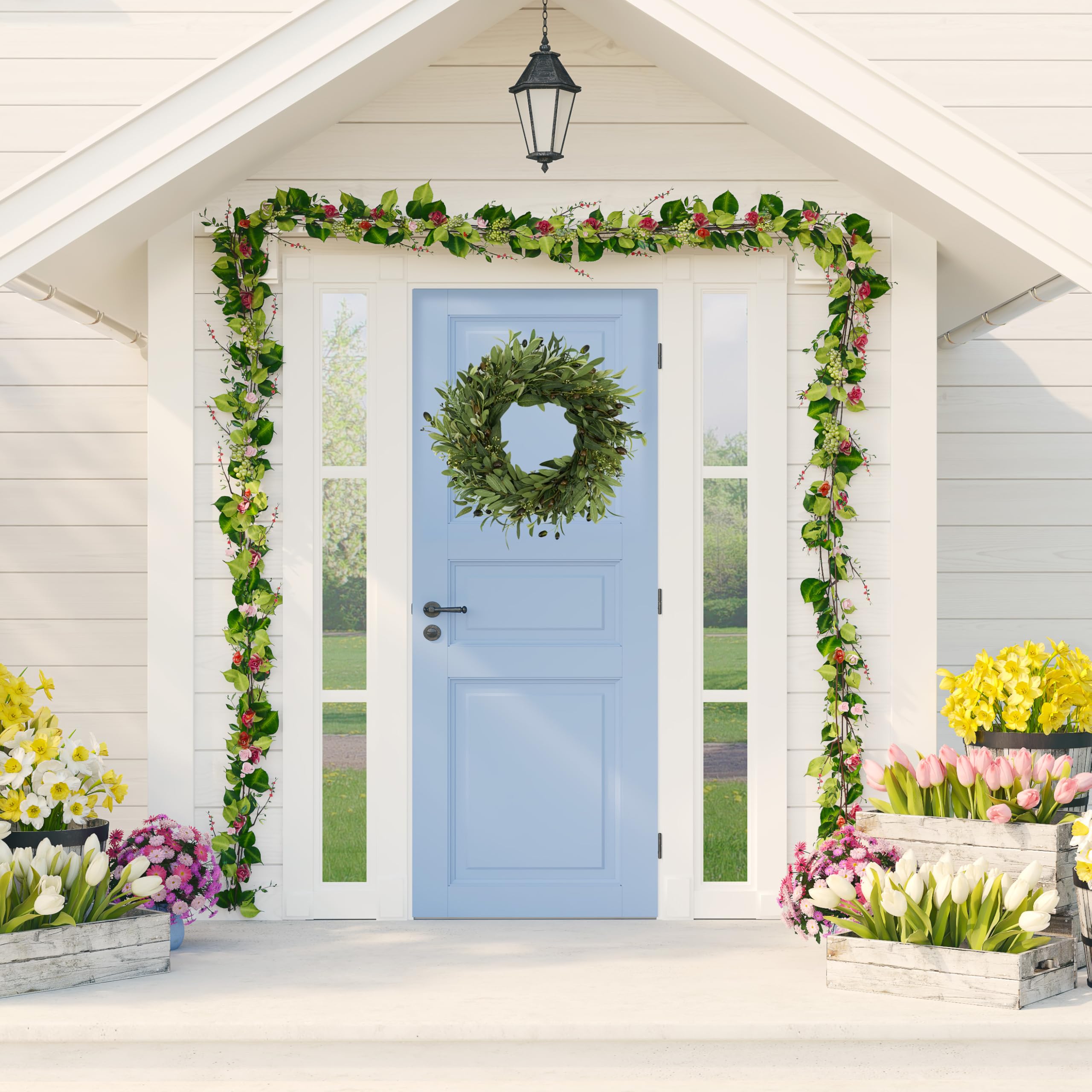 AMF0RESJ olive leaves wreath shown indoors for garden-inspired ambiance.