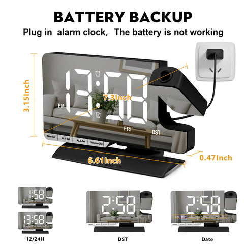 Amgico clock with 180-degree rotating projector for wall or ceiling time read