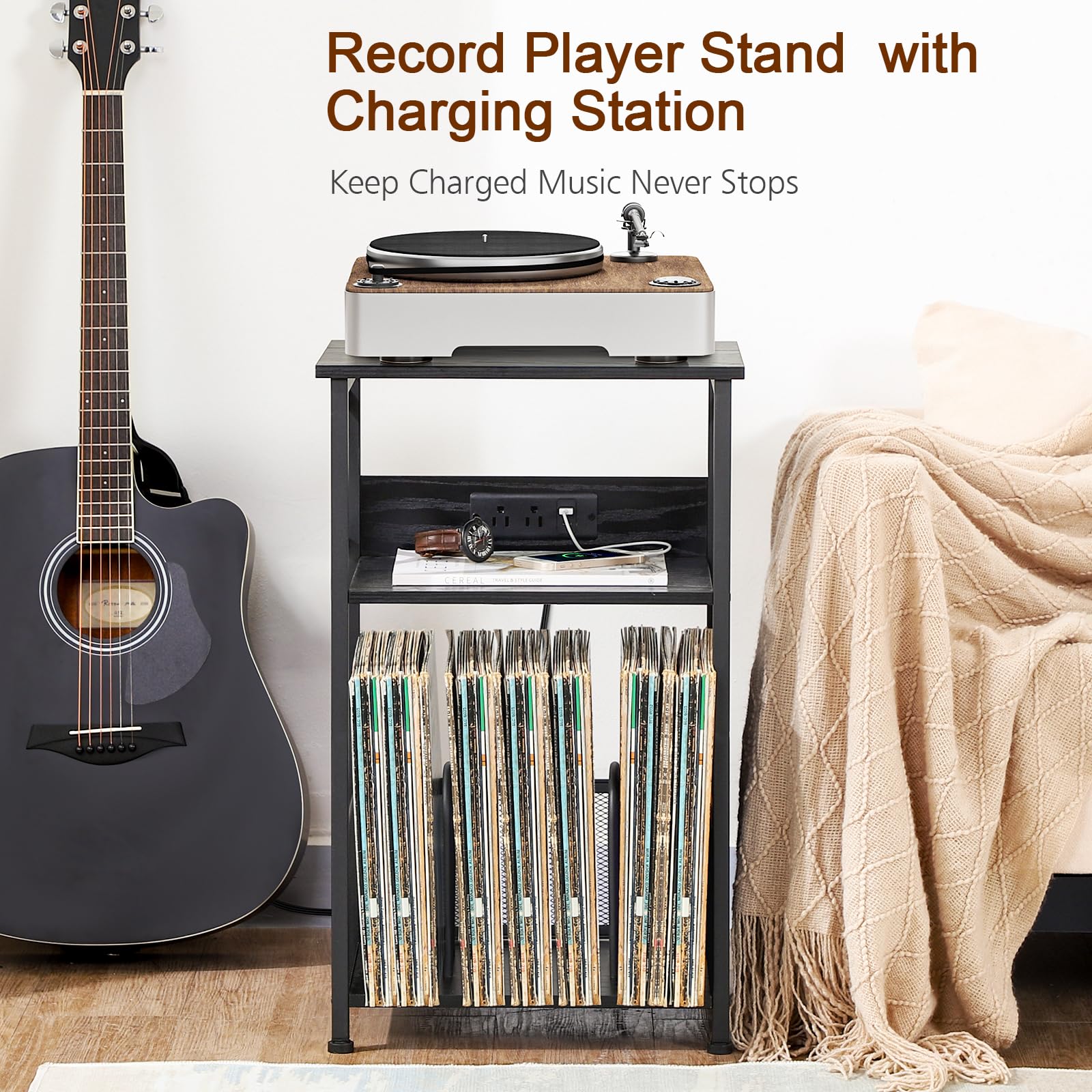 AMHANCIBLE 3-tier end table vinyl storage on top shelf provides organized display.