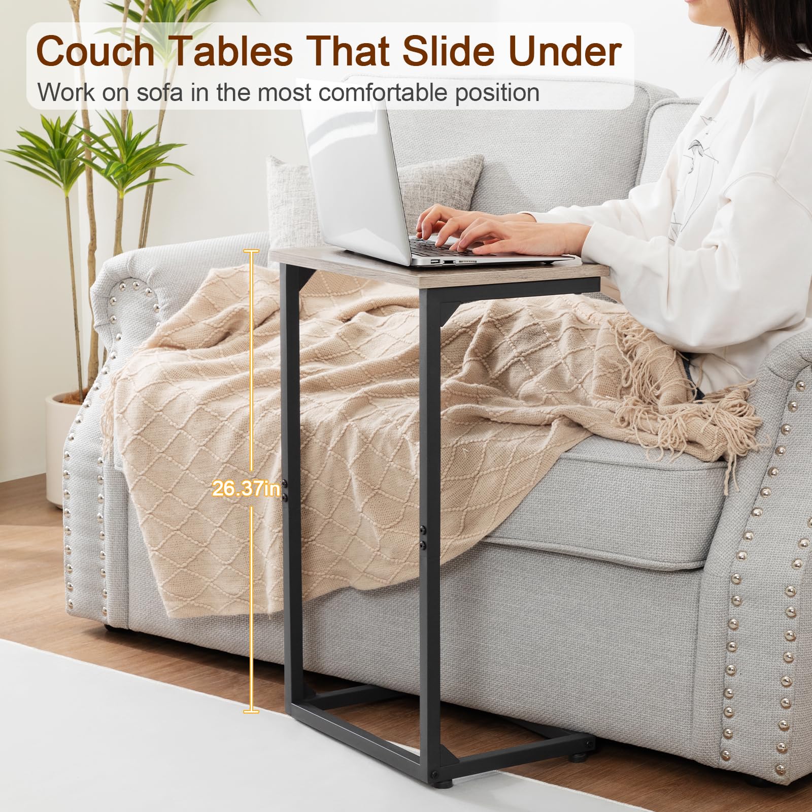 AMHANCIBLE C-shaped end table offers a versatile workspace at sofa height.
