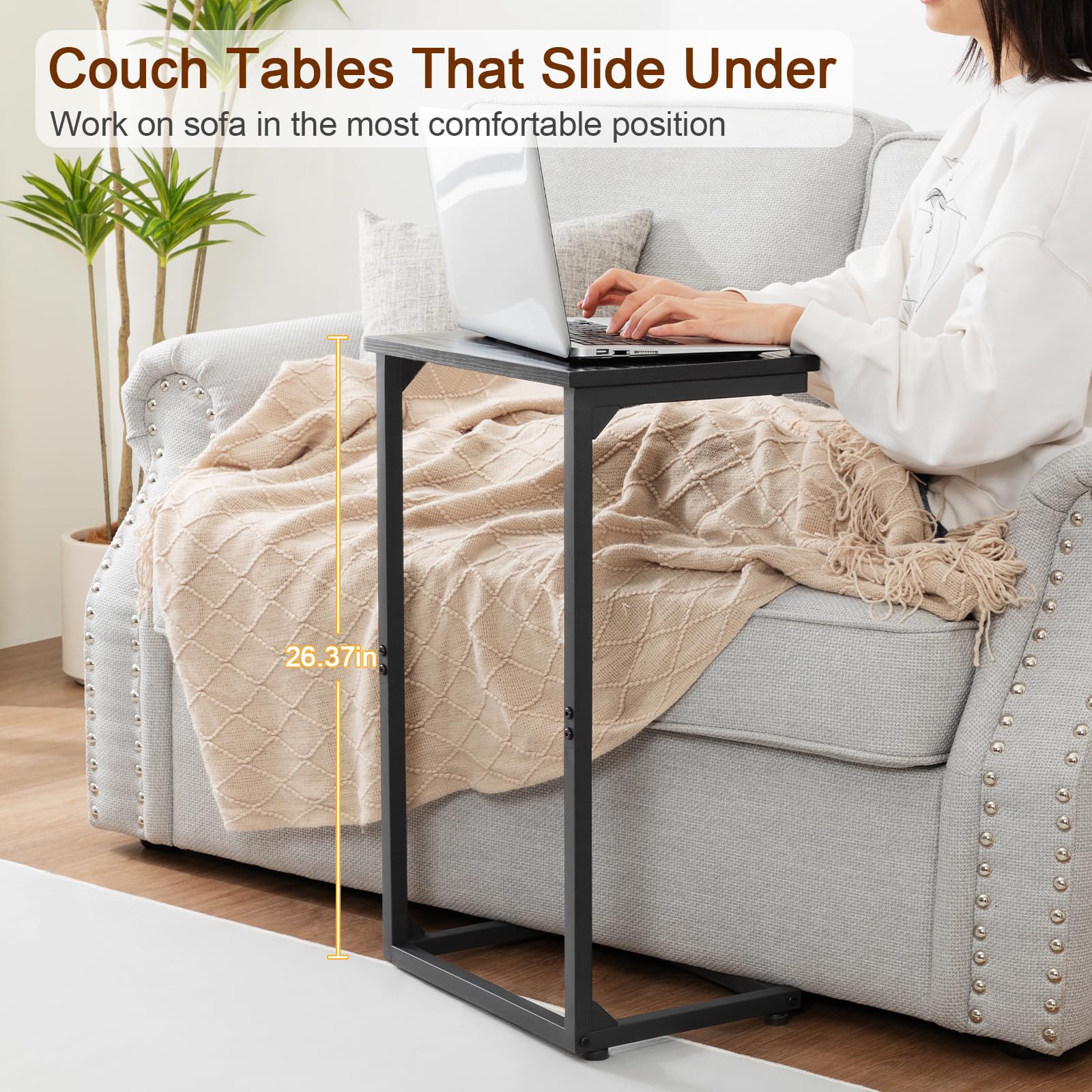 AMHANCIBLE C-shaped end table slides under sofa for clutter-free living.