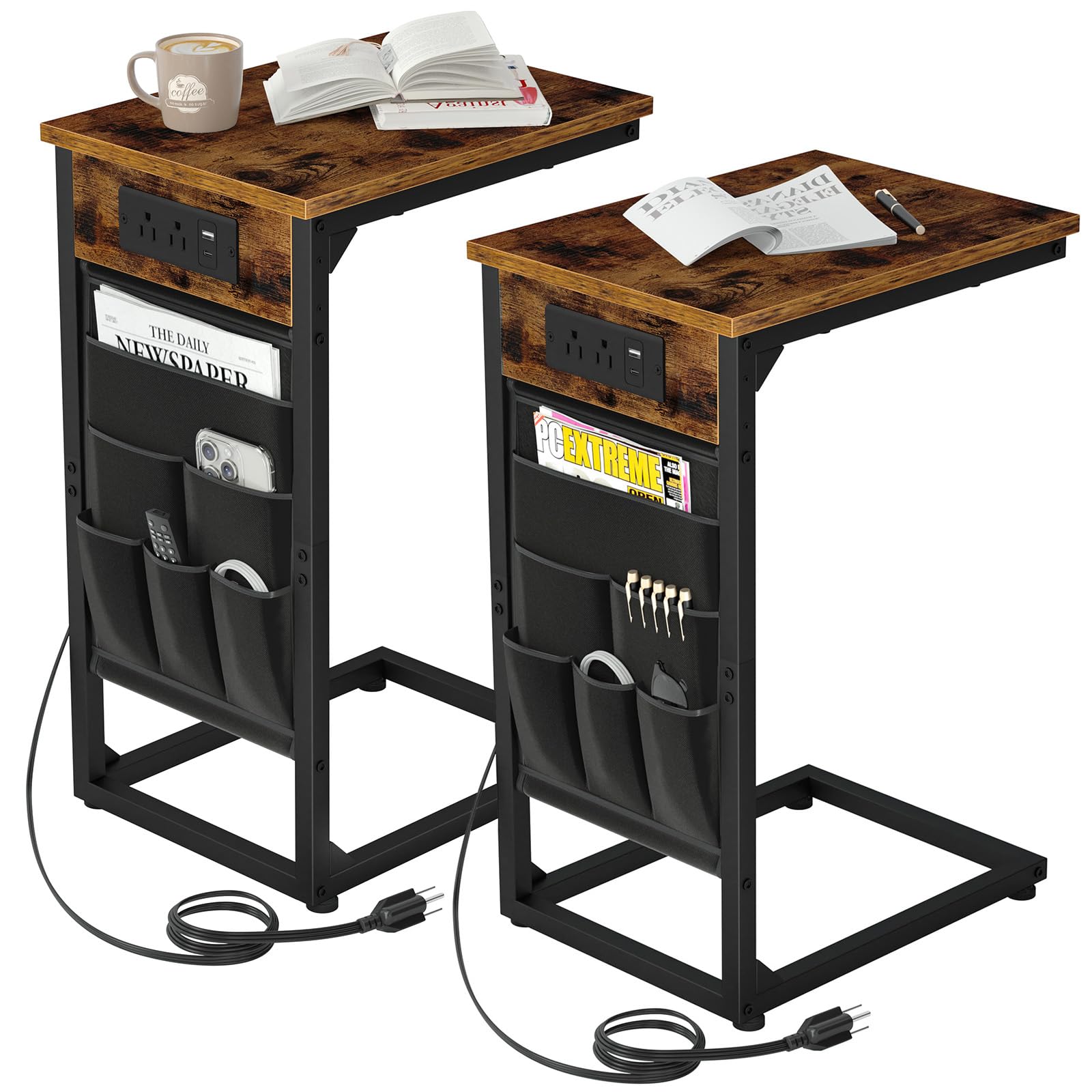 AMHANCIBLE C-shaped end table with USB charging ports beside a sofa for easy charging.