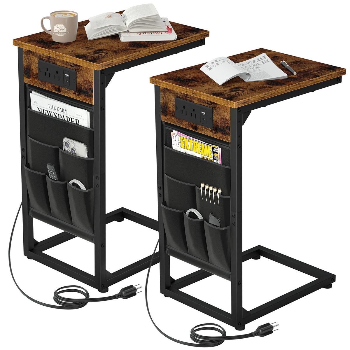 AMHANCIBLE C-shaped end table with USB charging ports beside a sofa for easy charging.