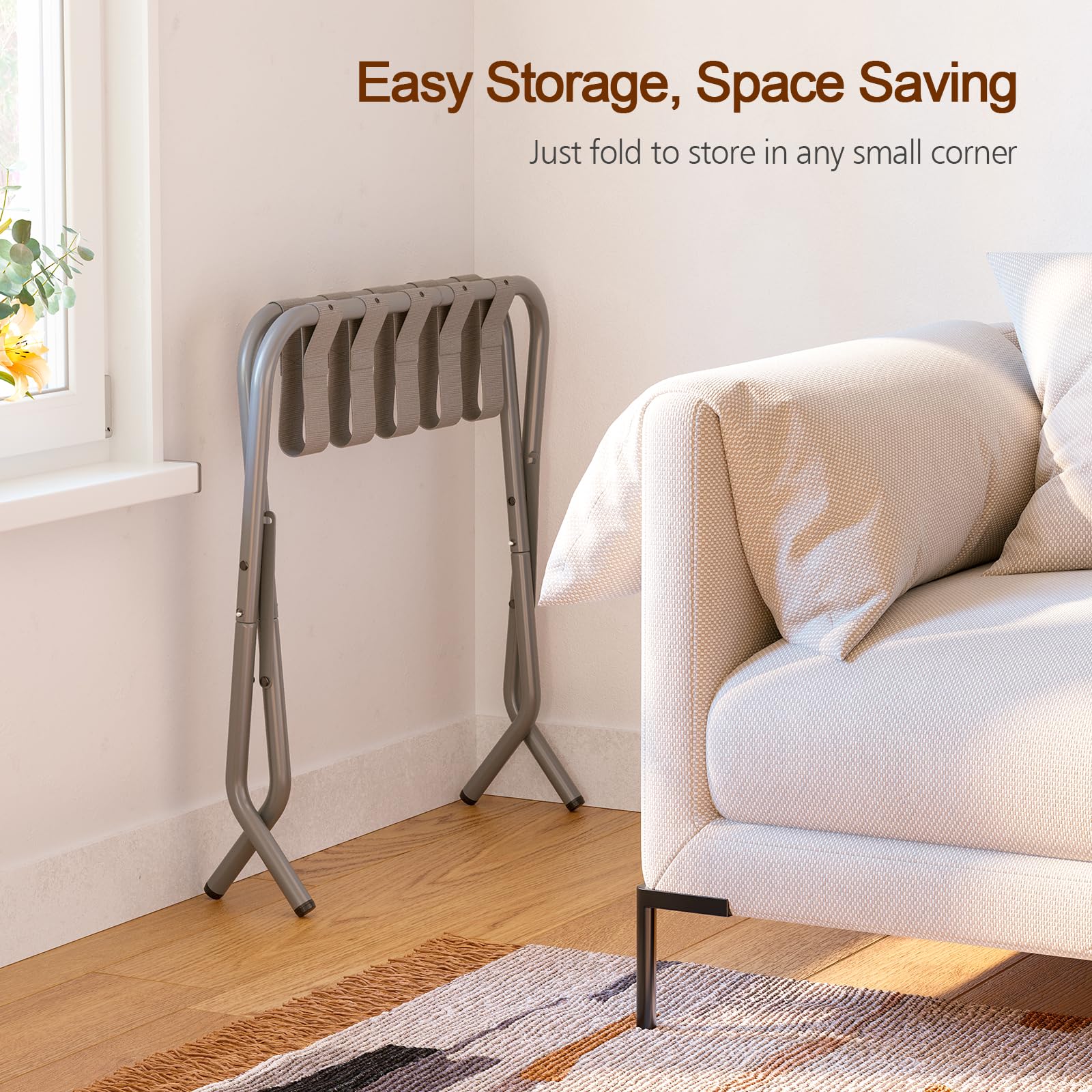 AMHANCIBLE luggage rack with adjustable feet protects floors on various surfaces