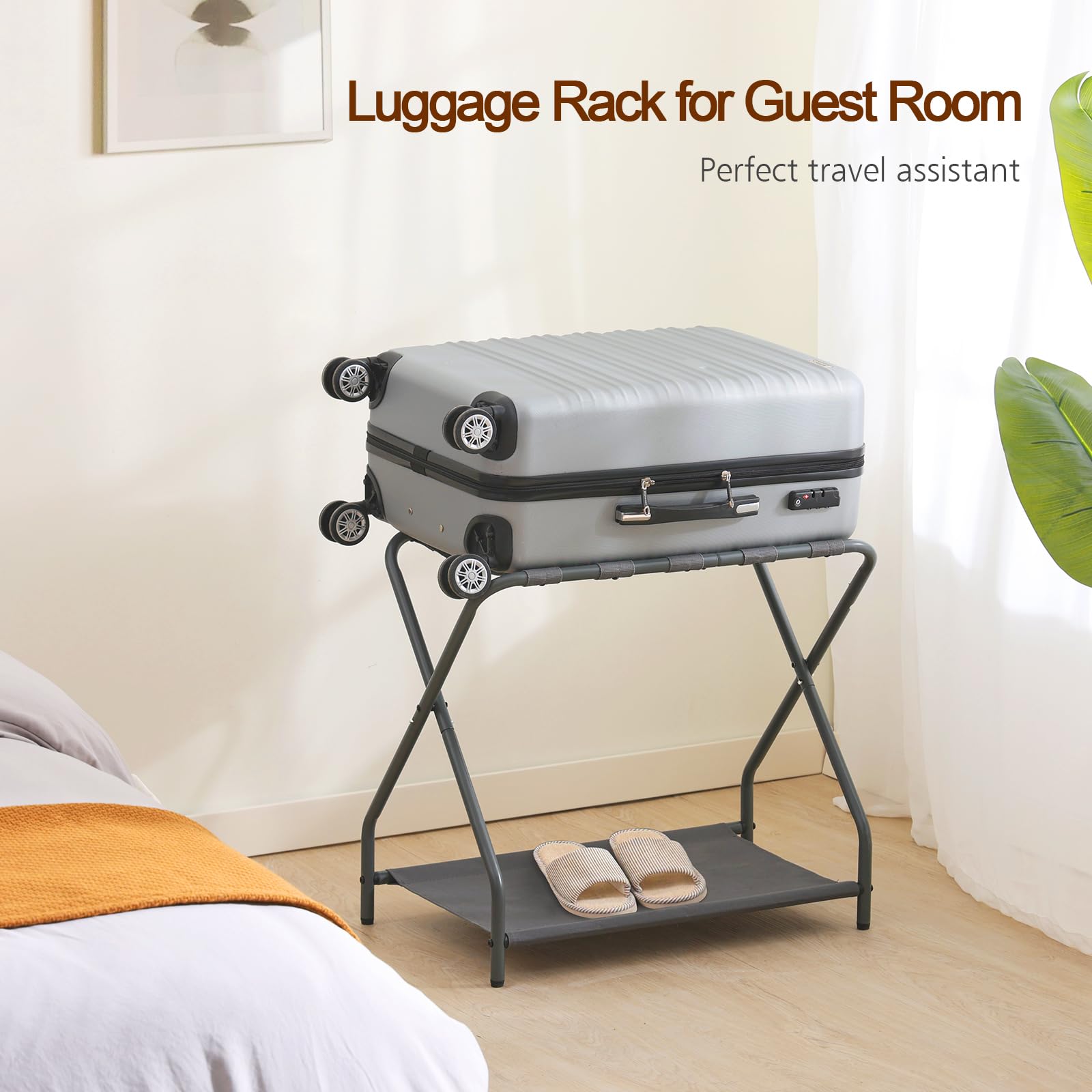 AMHANCIBLE luggage rack adjustable feet stabilizing on an uneven floor