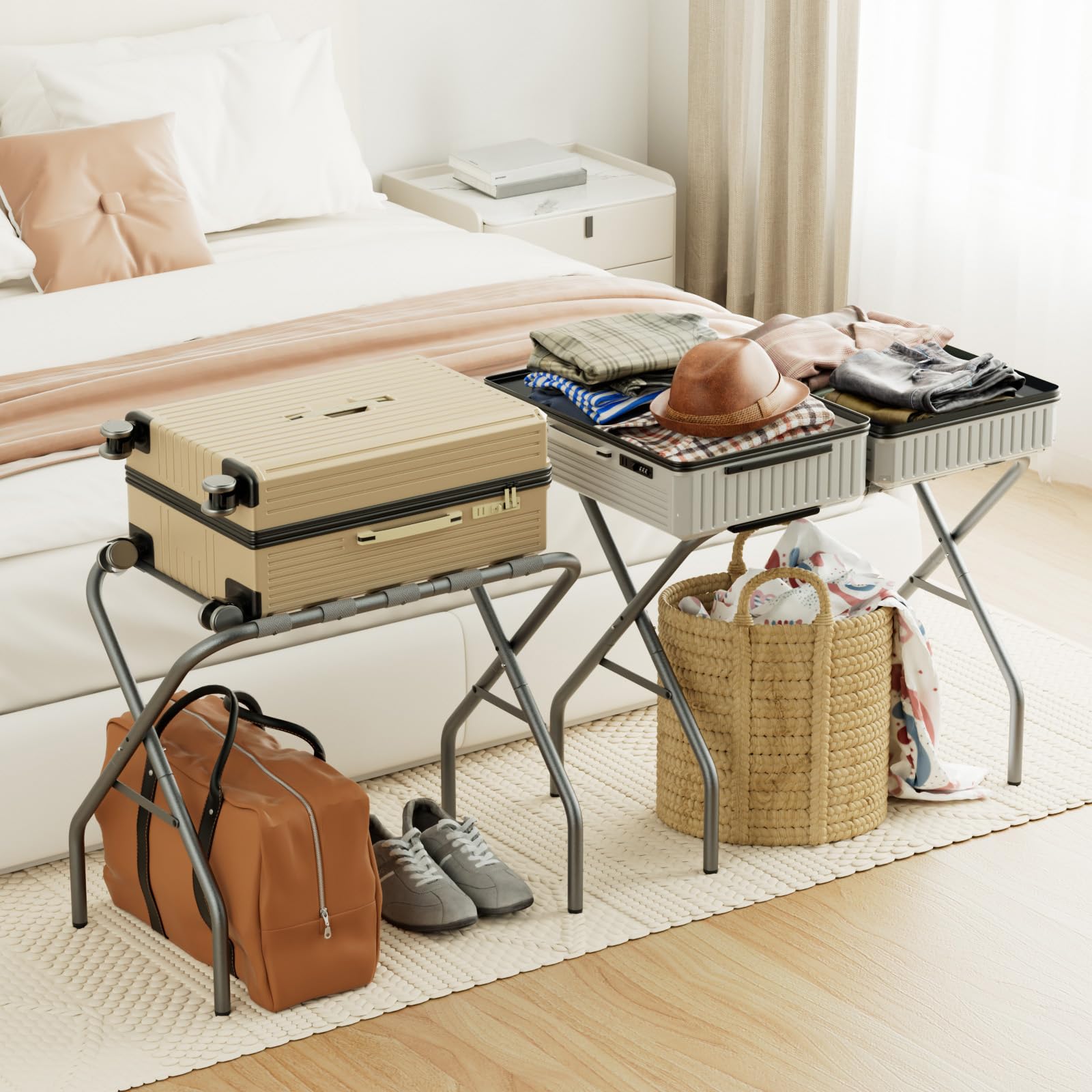 AMHANCIBLE luggage rack ready in a guest room for easy packing and unloading