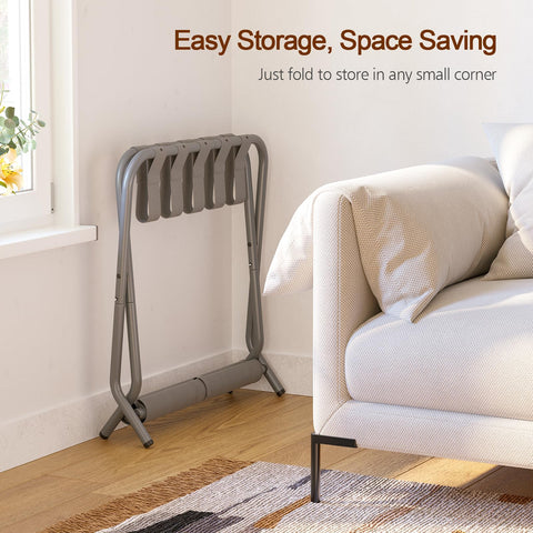 AMHANCIBLE luggage rack sturdy iron frame and nylon straps in use