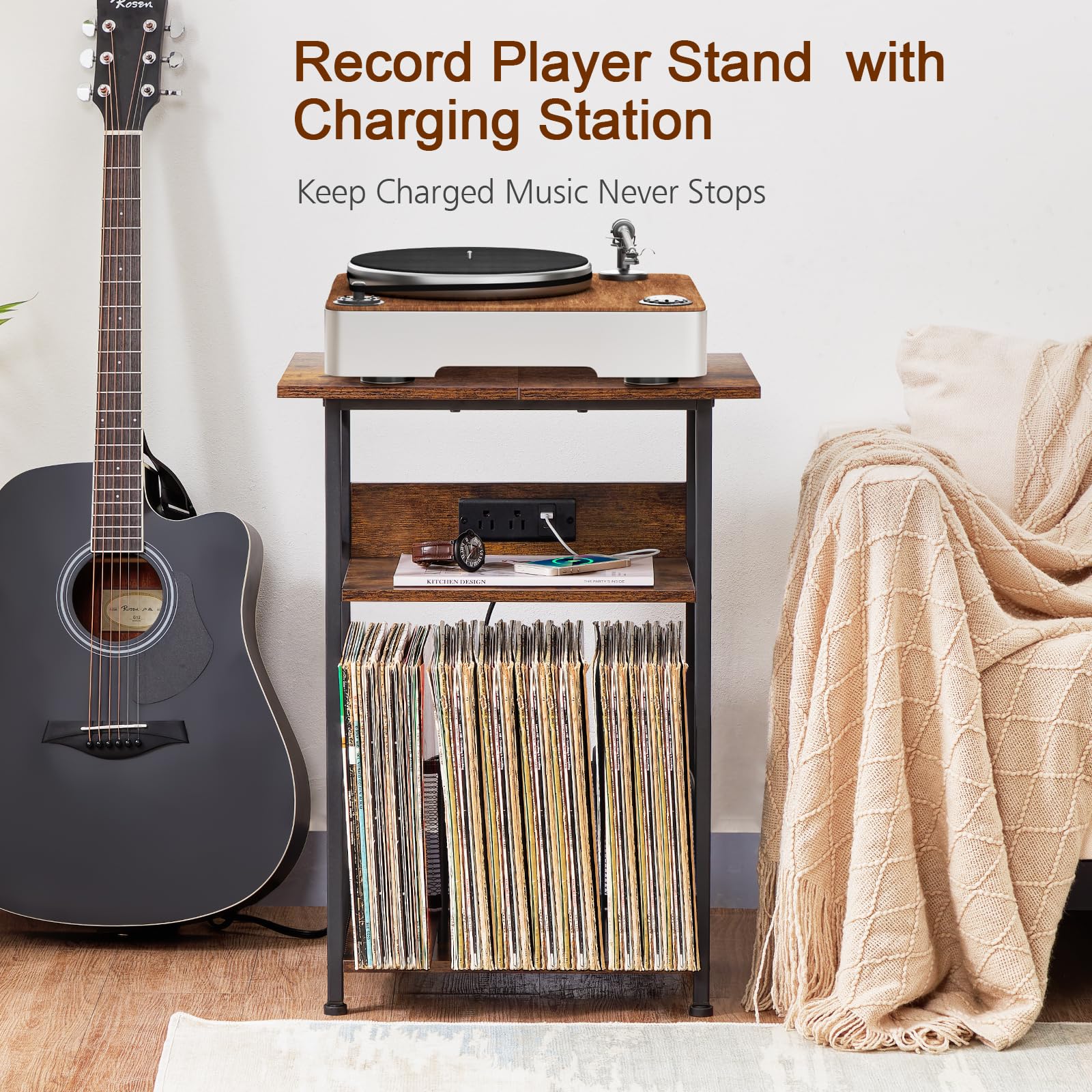 AMHANCIBLE record player stand top view shows spacious surface for large turntables