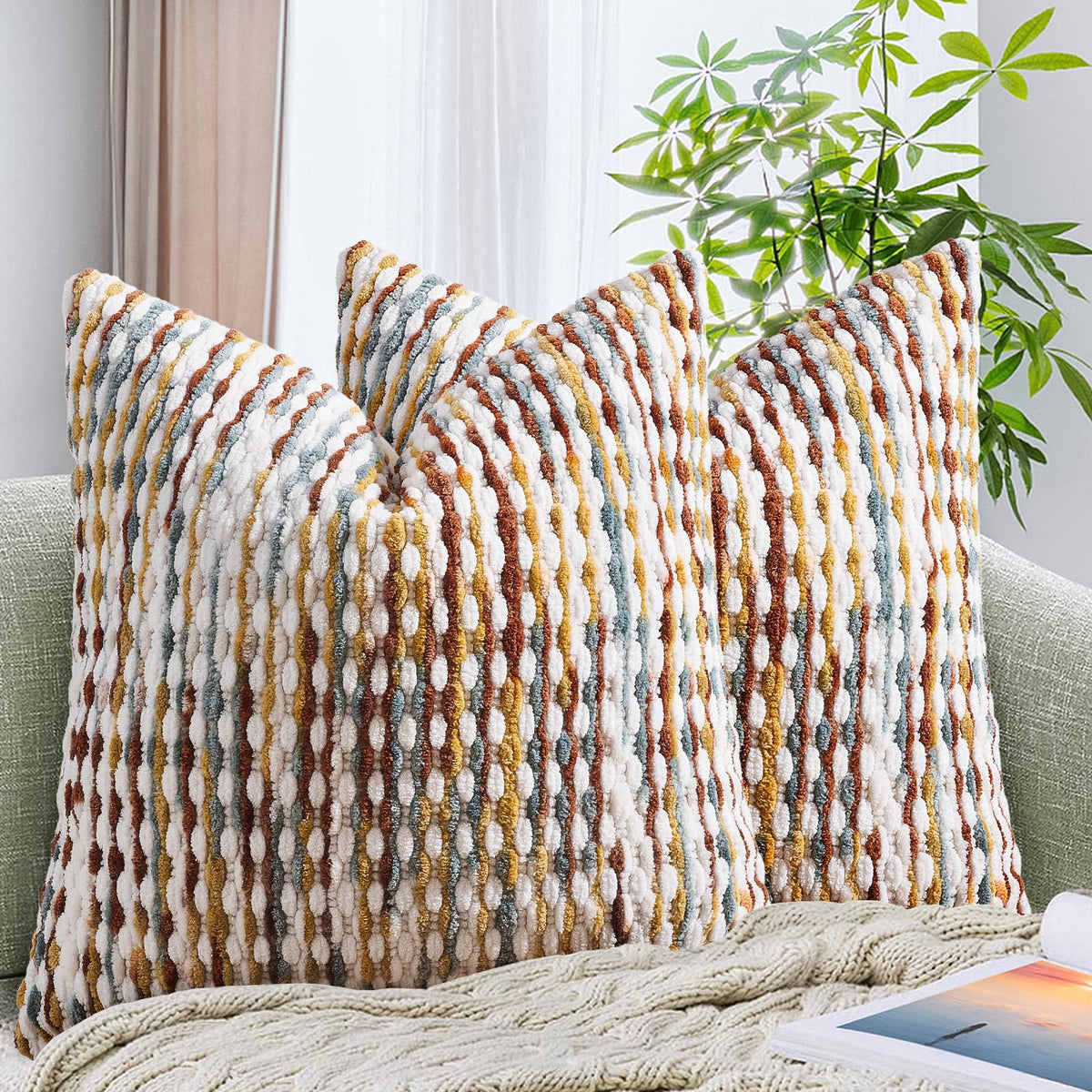 AmHoo boho chenille pillow cover with rainbow stripe and tufted detail for chic living room decor