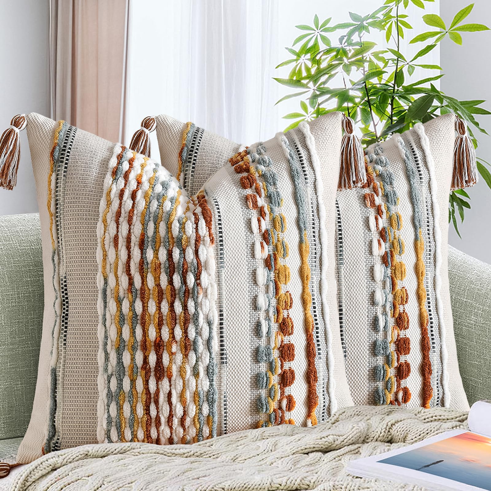 AmHoo brown chenille striped pillow cover front view adds cozy texture