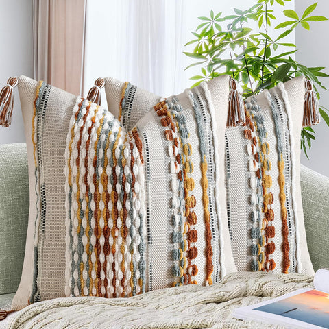 AmHoo brown chenille striped pillow cover front view adds cozy texture