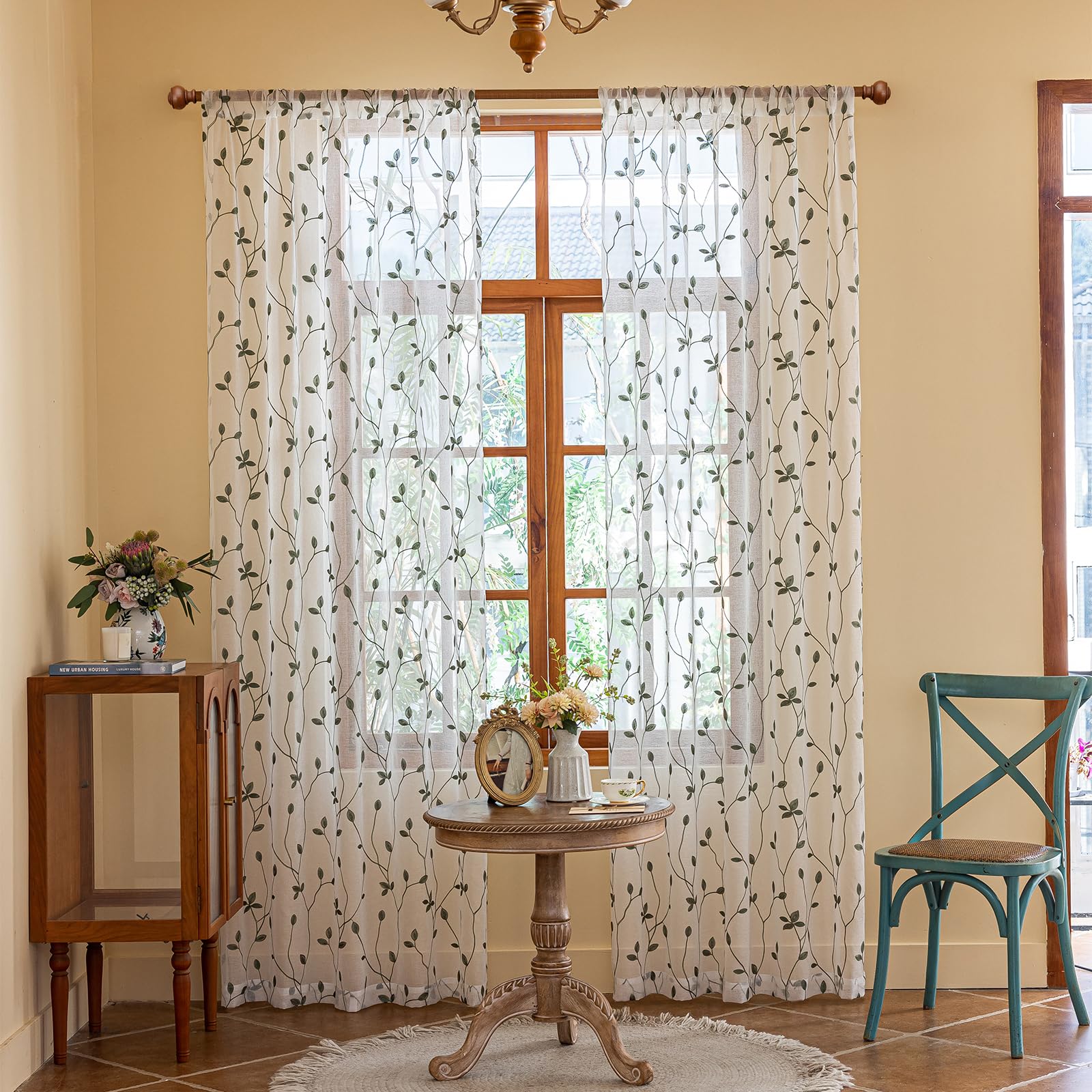 AmHoo embroidered leaf detail curtain close-up showcases intricate stitching.