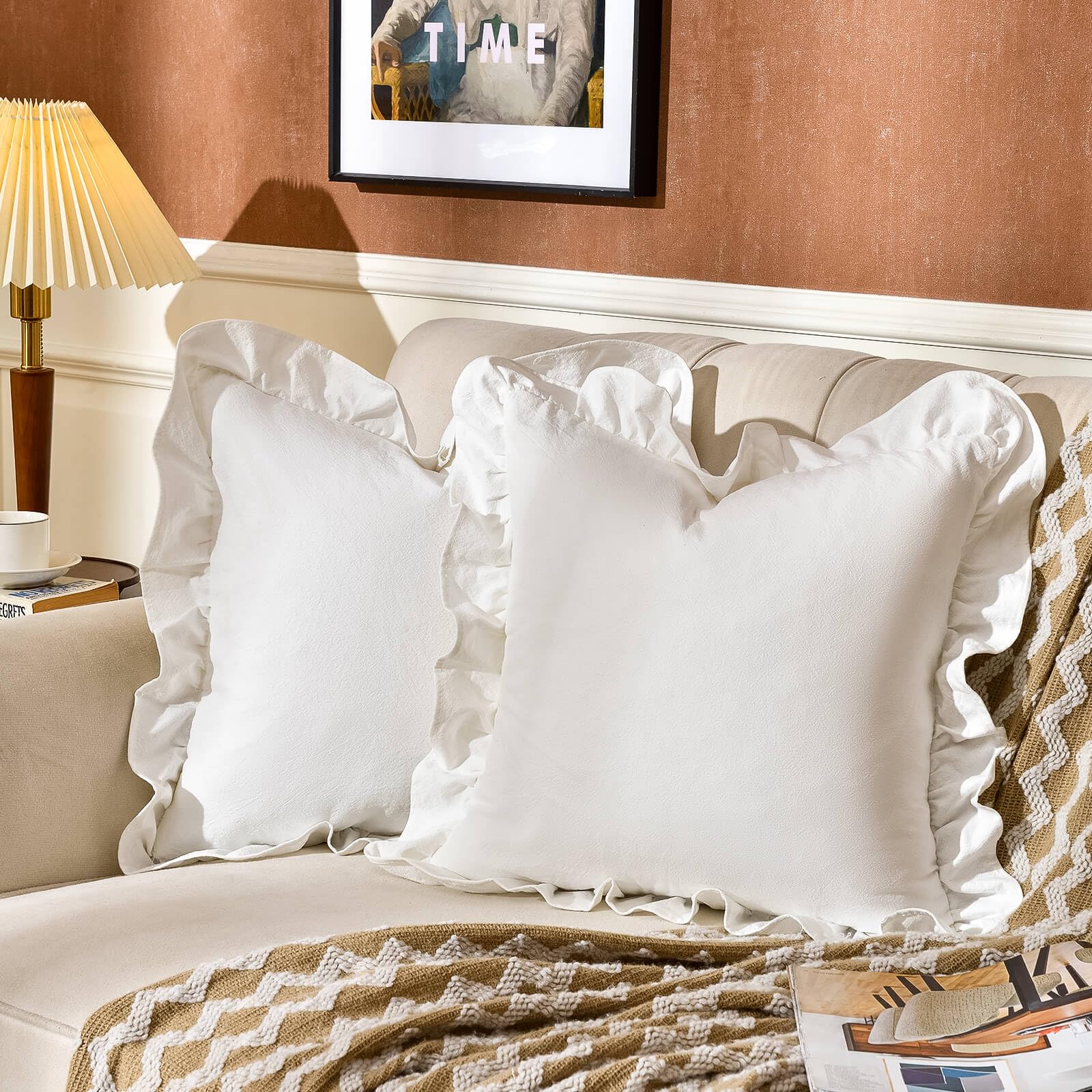 AmHoo Pack2 ruffle pillow cover front in cream white adds soft cotton texture for cozy decor