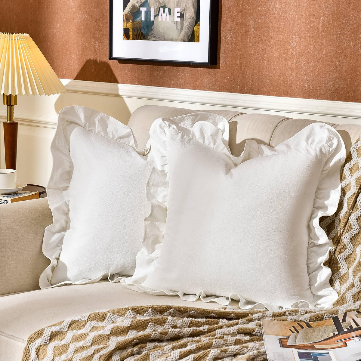 AmHoo Pack2 ruffle pillow cover front in cream white adds soft cotton texture for cozy decor