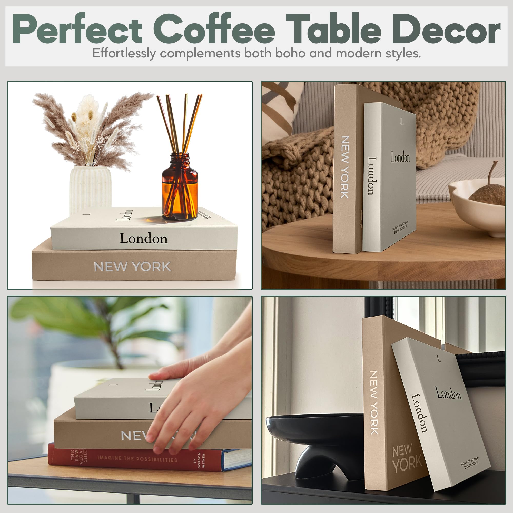 AMINALUX embossed London and New York titles enhance modern shelf styling