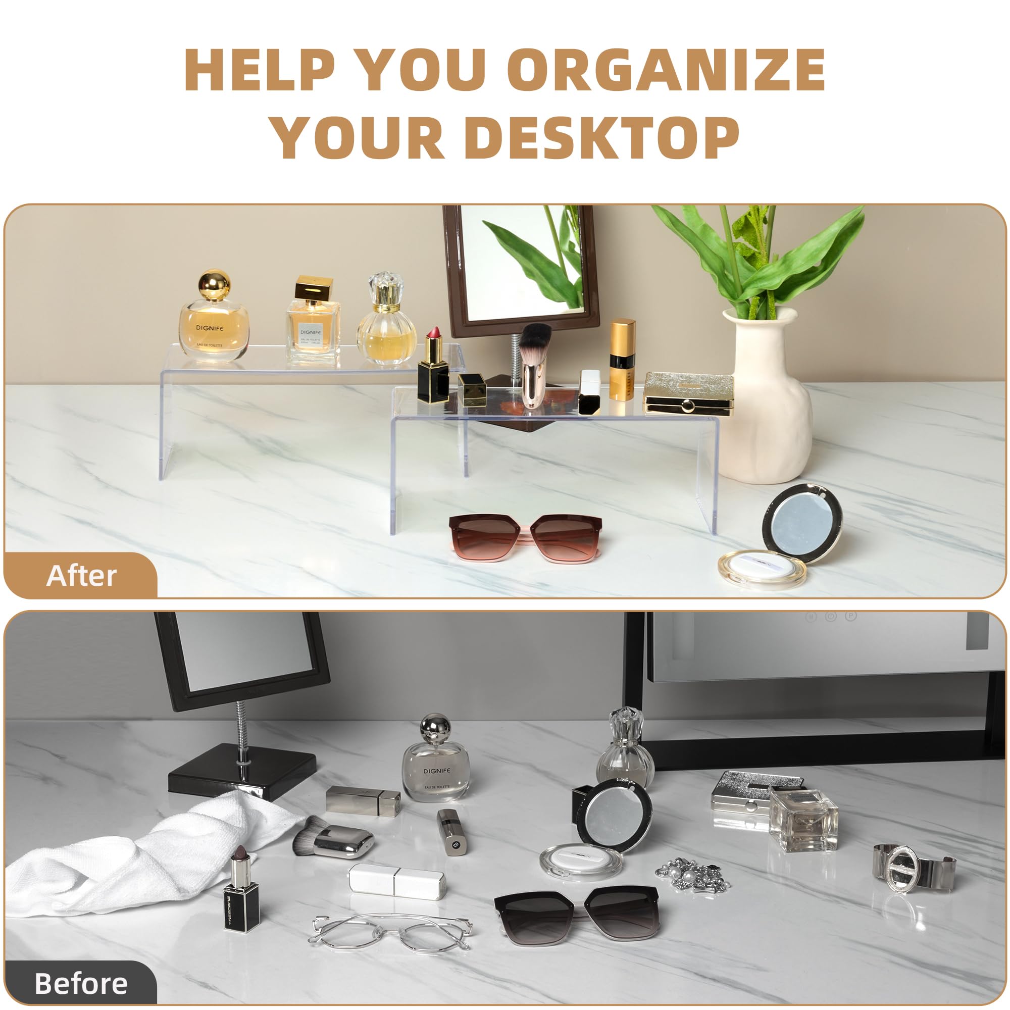 Aminigram acrylic risers showcase perfumes and skincare with elegant stability.