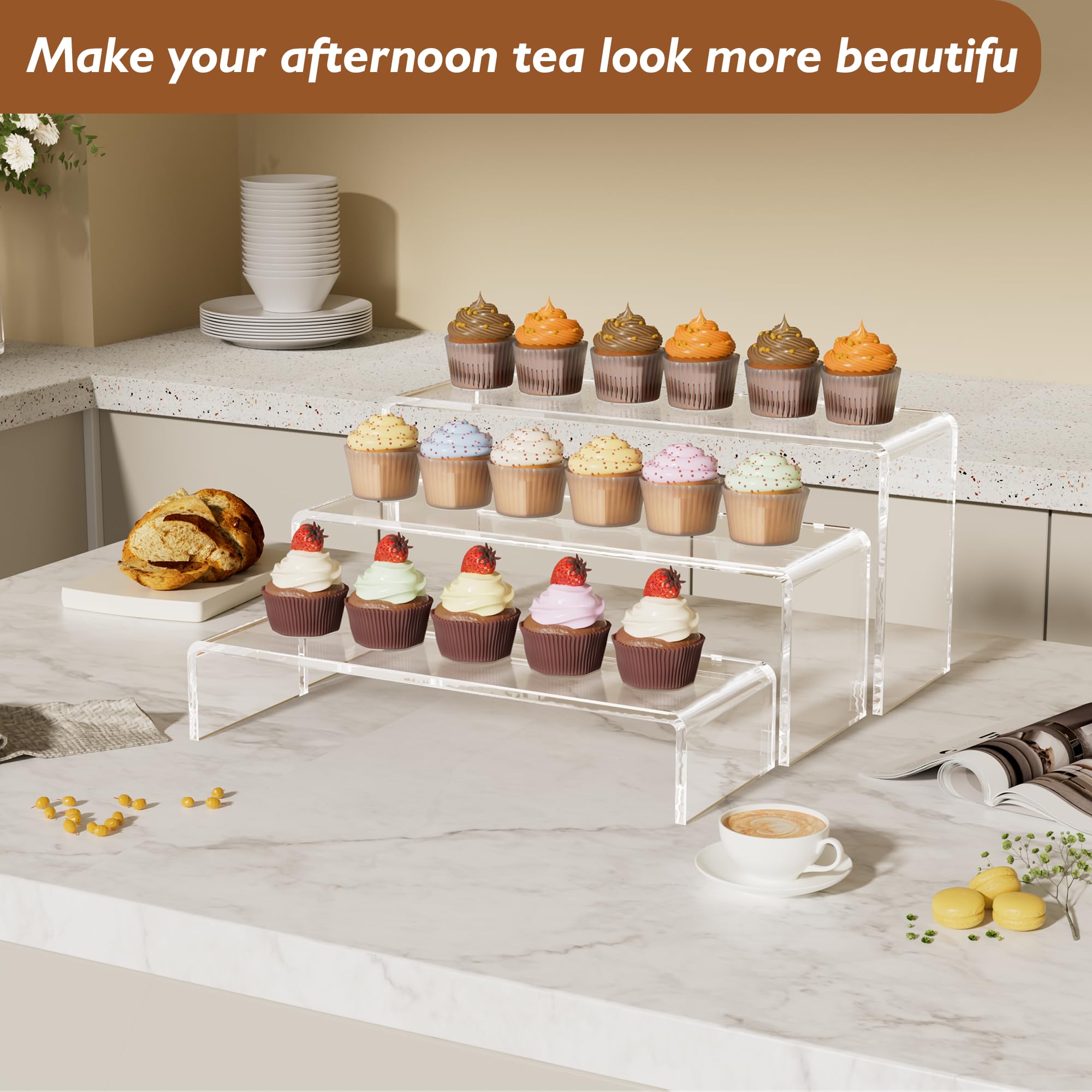Aminigram three-height risers help organize figures and small decor on shelves.