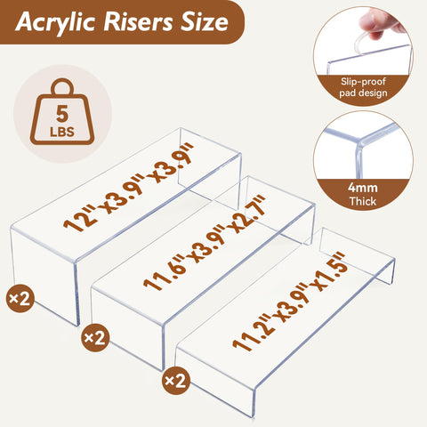 Aminigram six-pack clear acrylic risers ideal for elegant jewelry and cosmetics display.