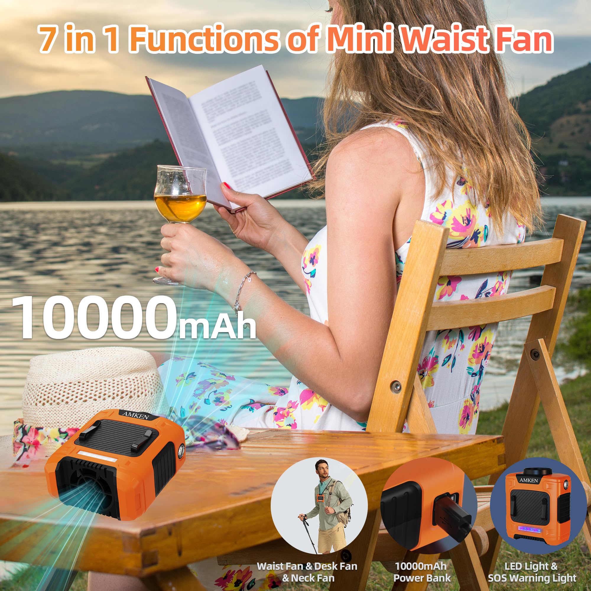 AMKEN waist fan with 10000mAh battery powers long outdoor tasks without frequent recharges.