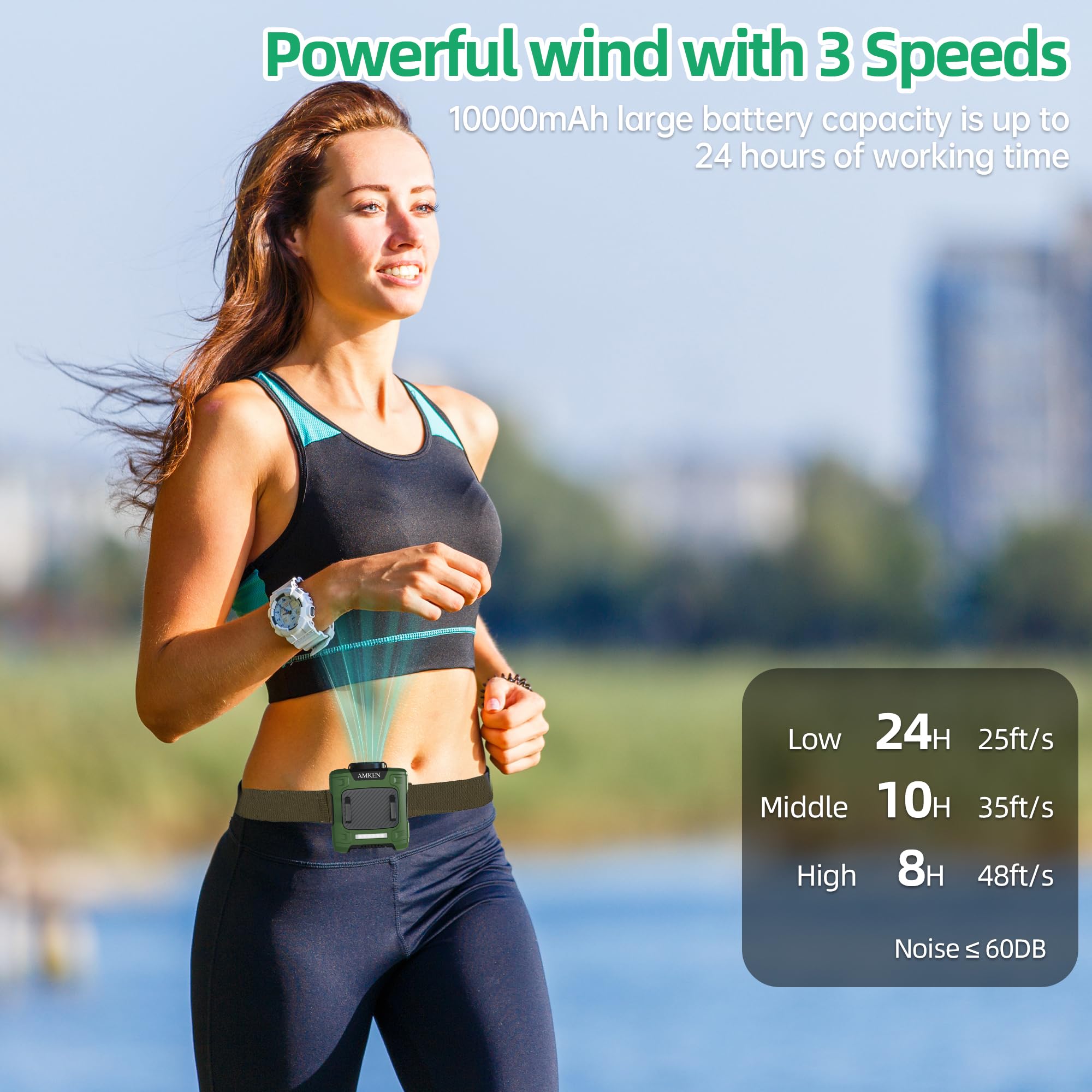 AMKEN waist fan with 10000mAh battery for long shifts and emergencies