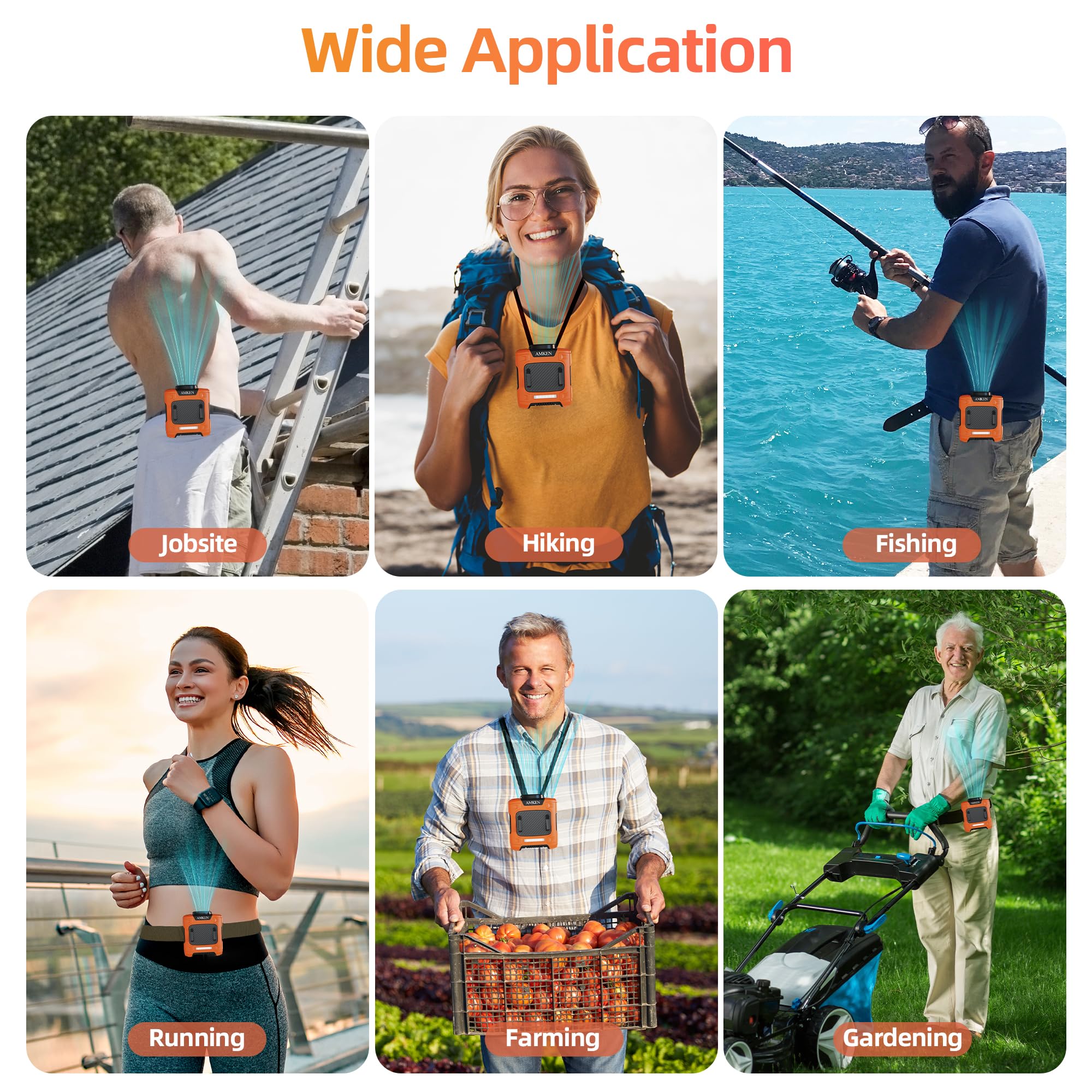 AMKEN waist fan worn hands-free supports outdoor activities and constant cooling.