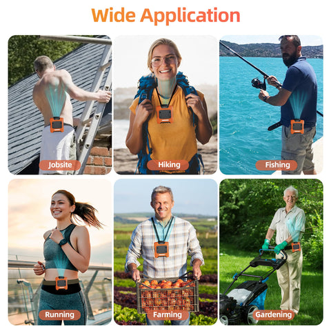 AMKEN waist fan worn hands-free supports outdoor activities and constant cooling.