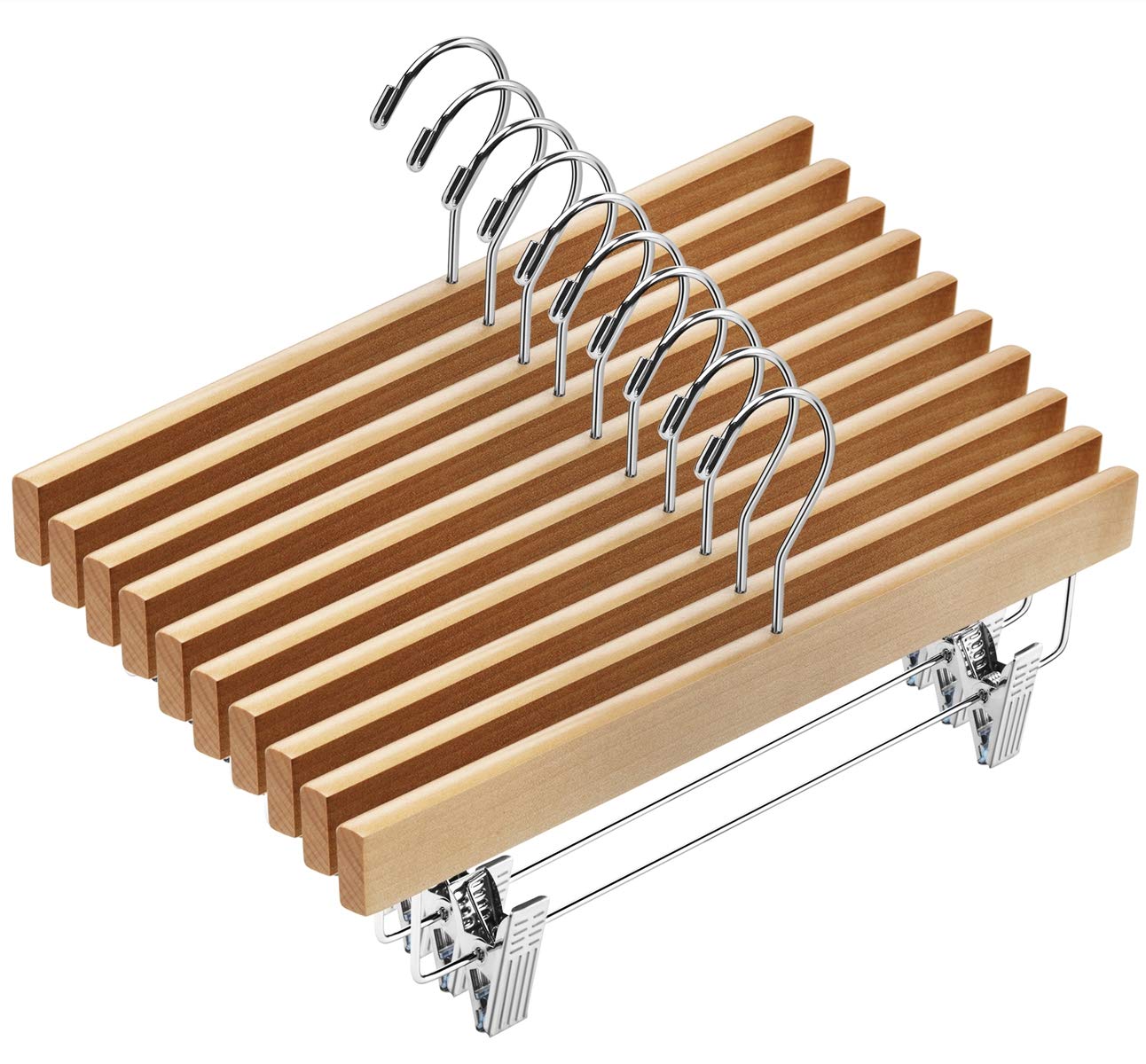 AMKUFO 20-piece wooden pants hangers in natural finish for a tidy closet