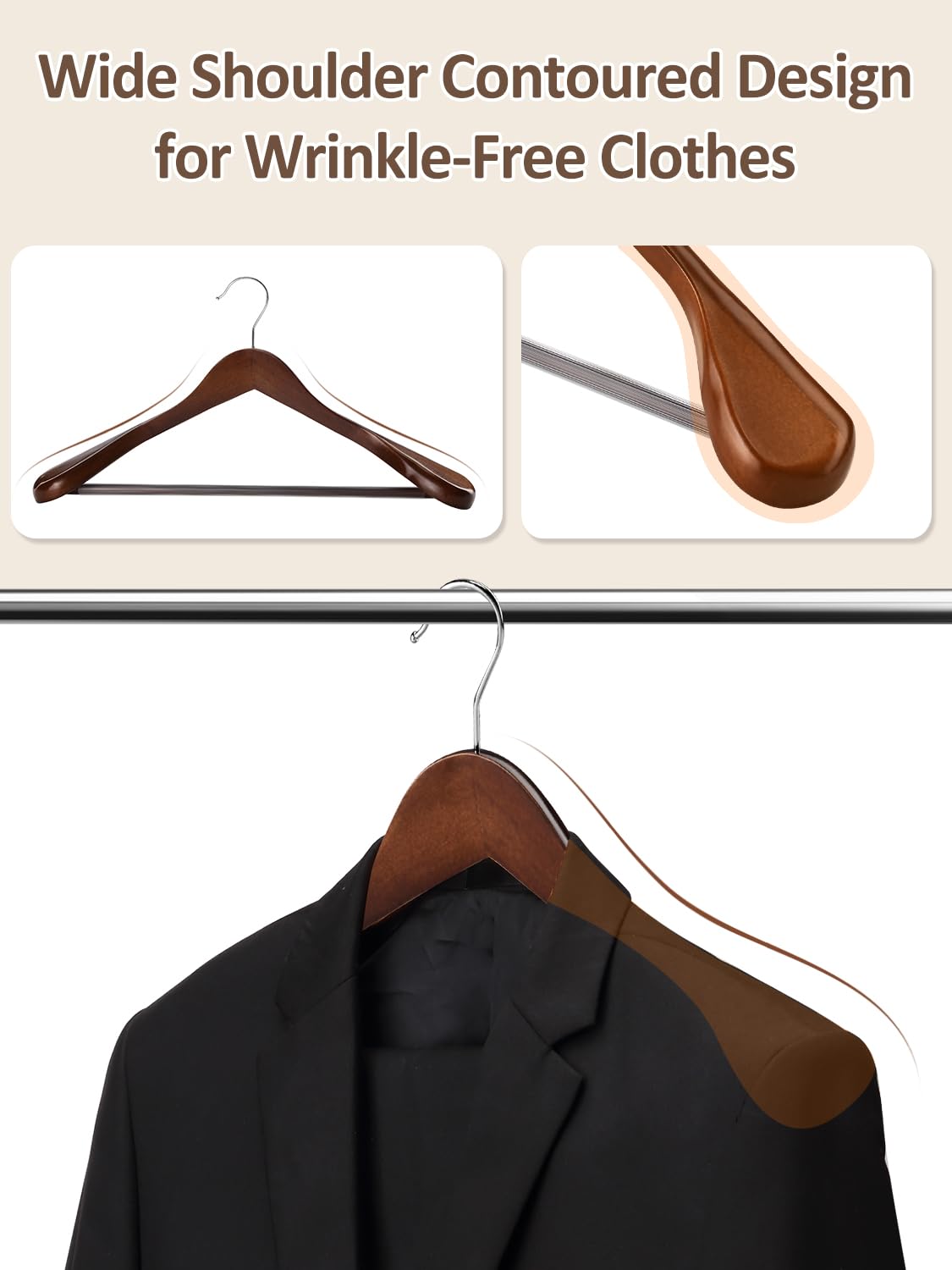 AMKUFO smooth finish wood hanger protects fabrics.