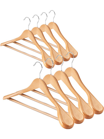 AMKUFO wide shoulder wooden hanger supports heavy coats while preserving shape.