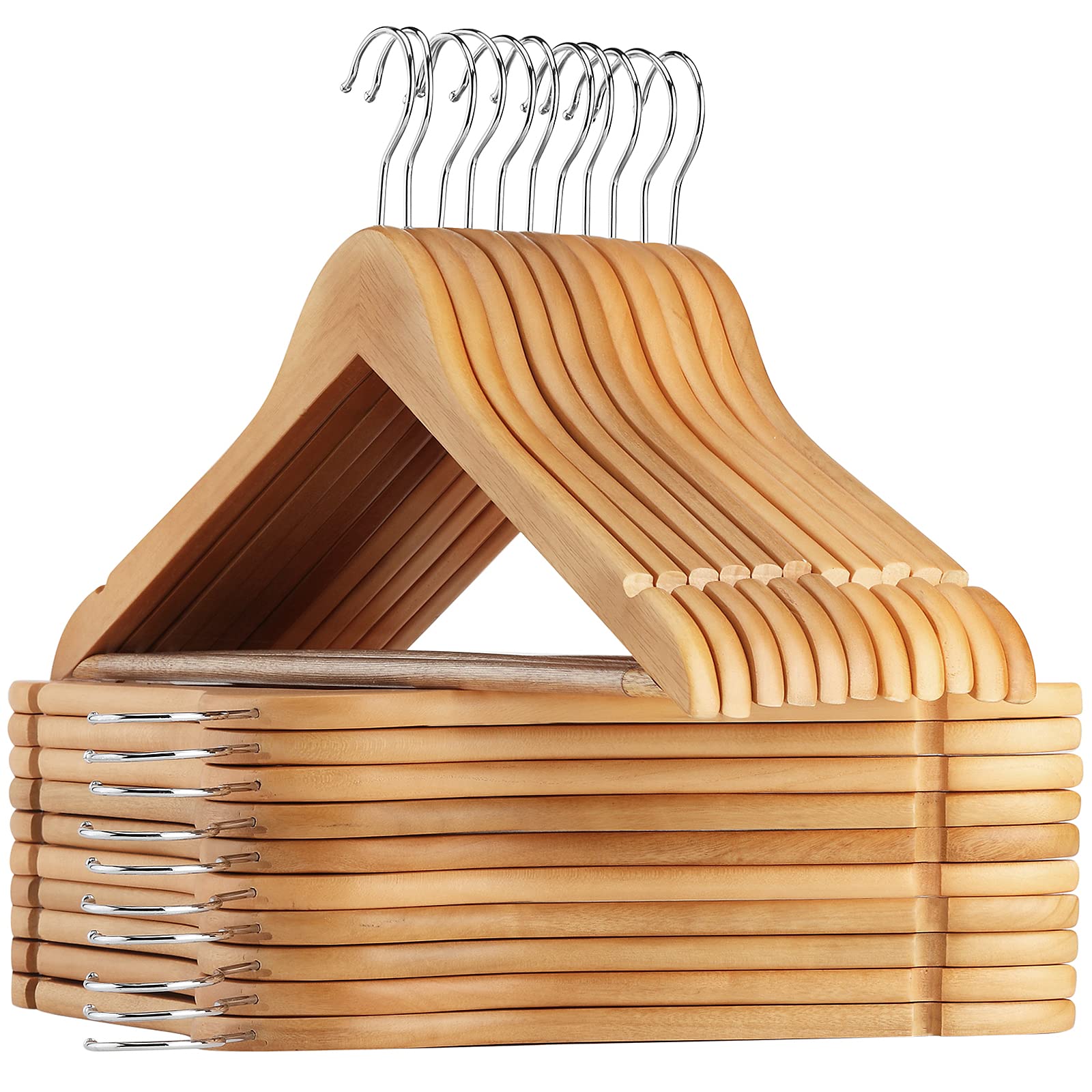 AMKUFO wooden hangers 20-pack neatly organized in a closet for easy selection