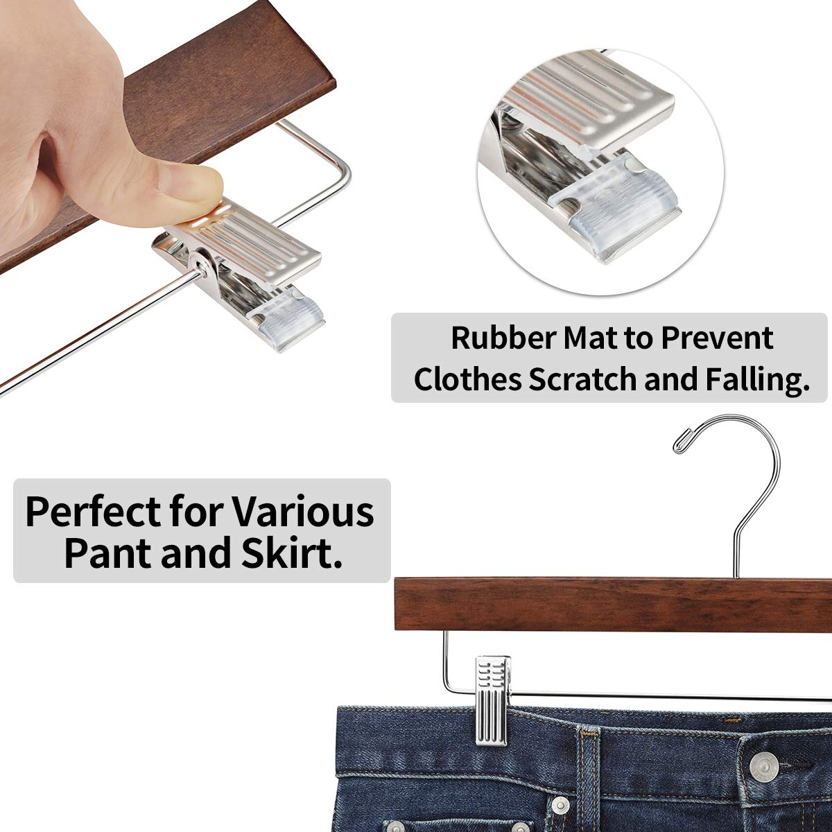 AMKUFO wooden hangers with rubber cushion clips prevent slipping.