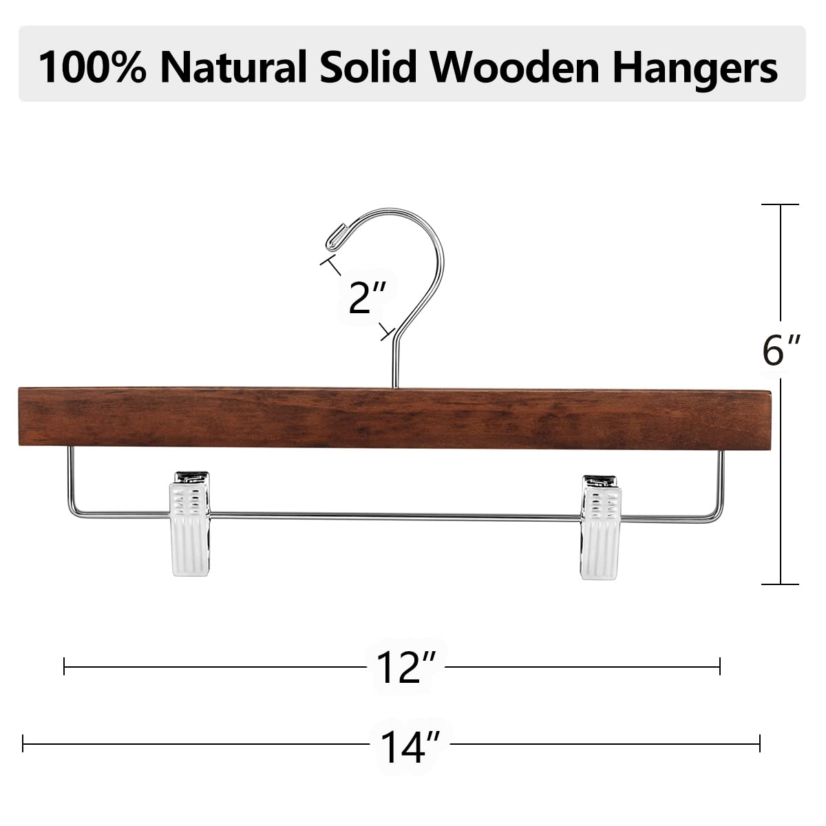 AMKUFO wooden pants hangers with adjustable clips for versatile sizing.