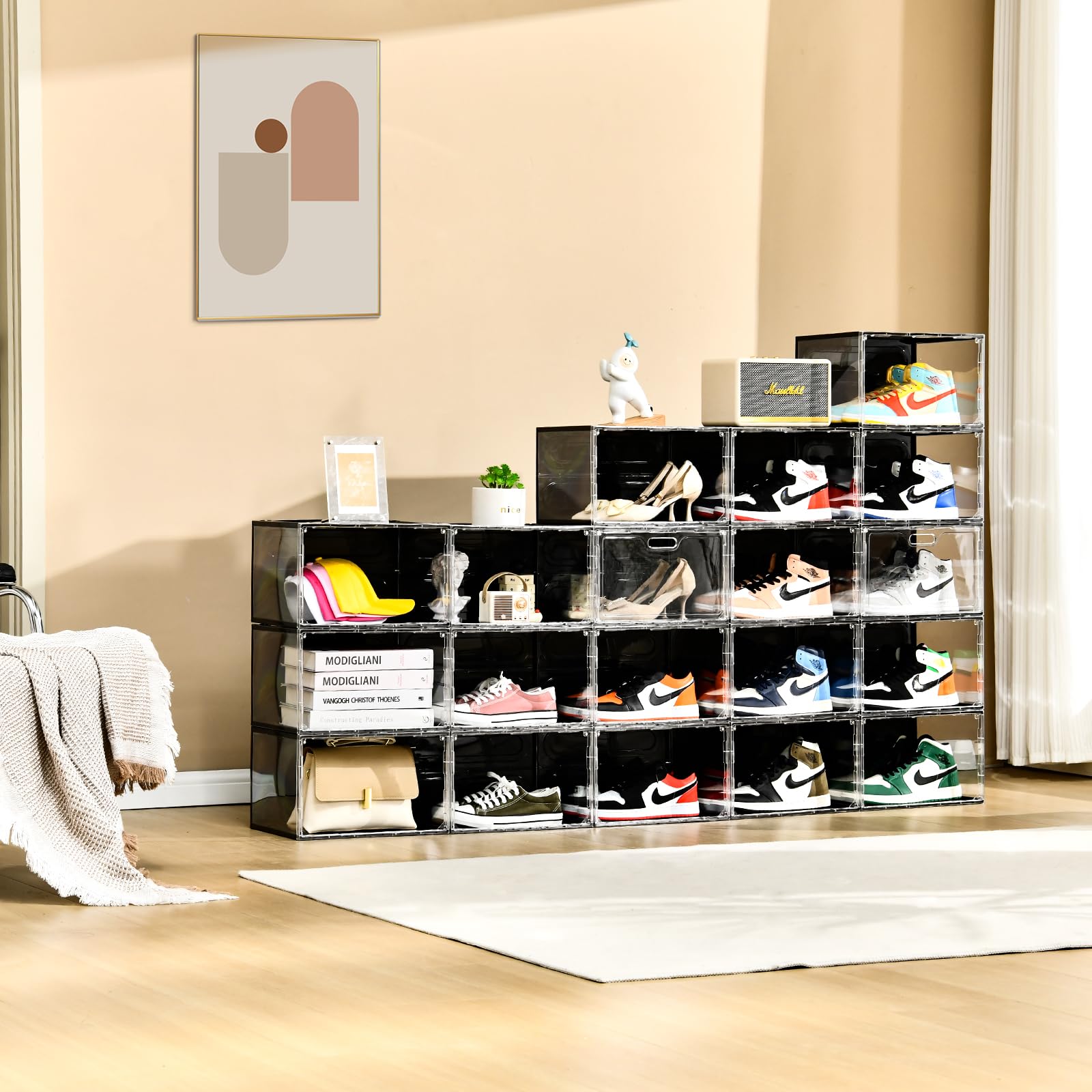 Amllas 8-pack shoe boxes with clear door design keep footwear visible and reachable.
