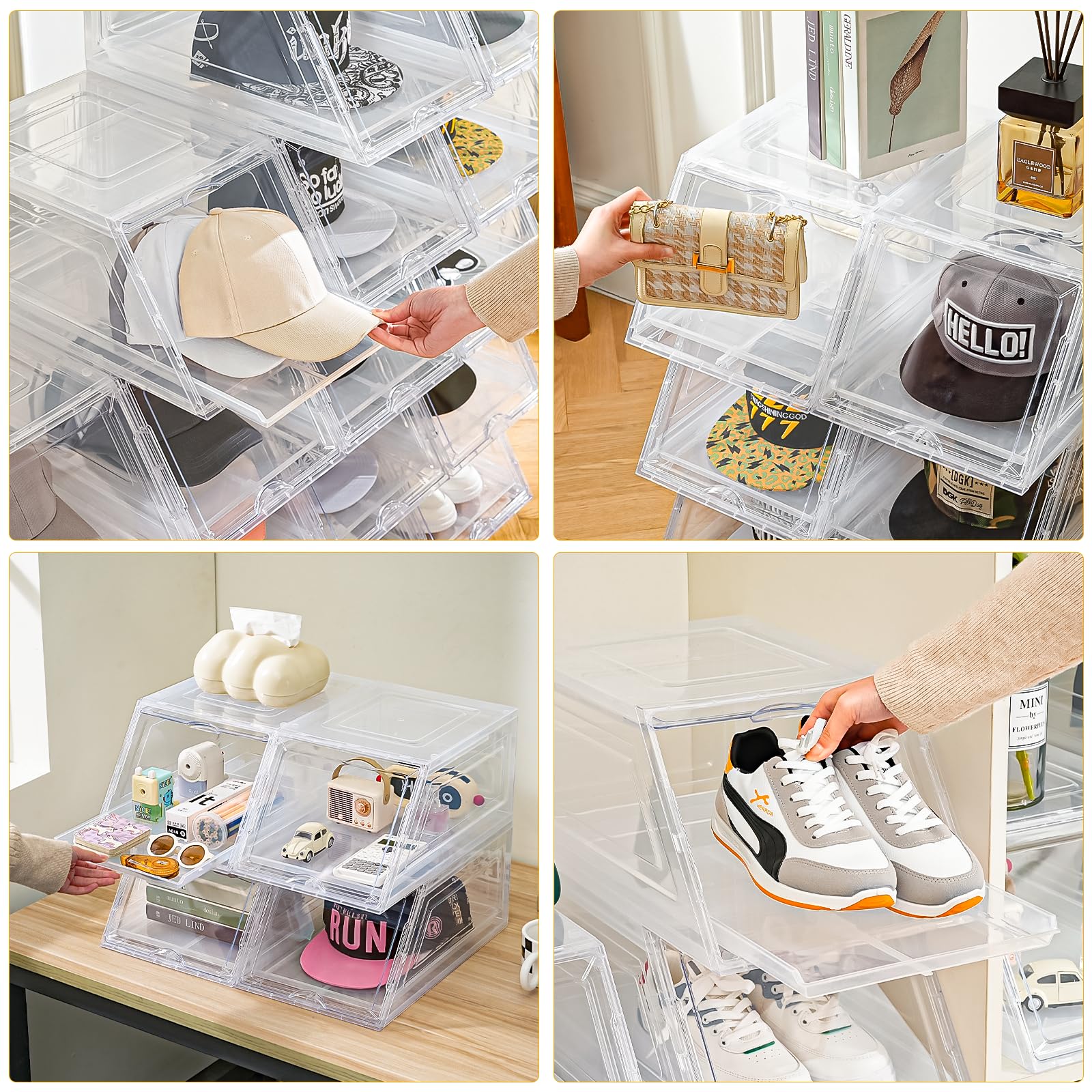 Amllas clear PP hat box with sliding drawer for easy access.