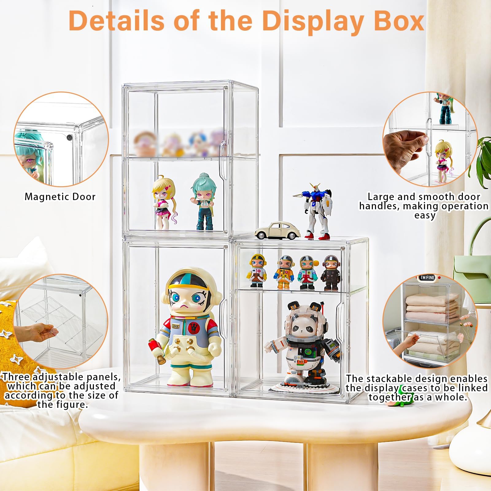 Amllas display case with detachable partitions for flexible item heights