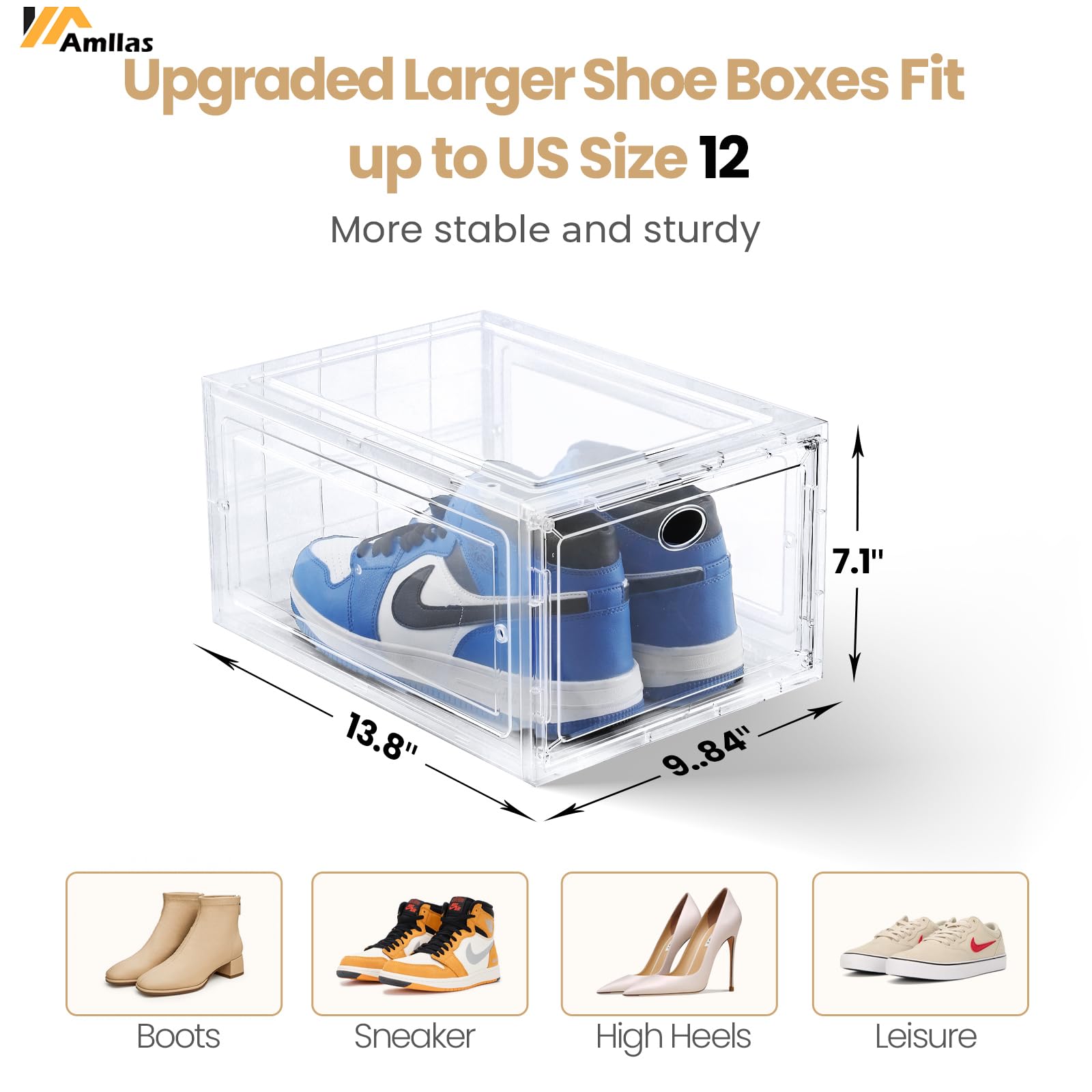 Amllas large capacity clear box fits up to US size 12 sneakers.