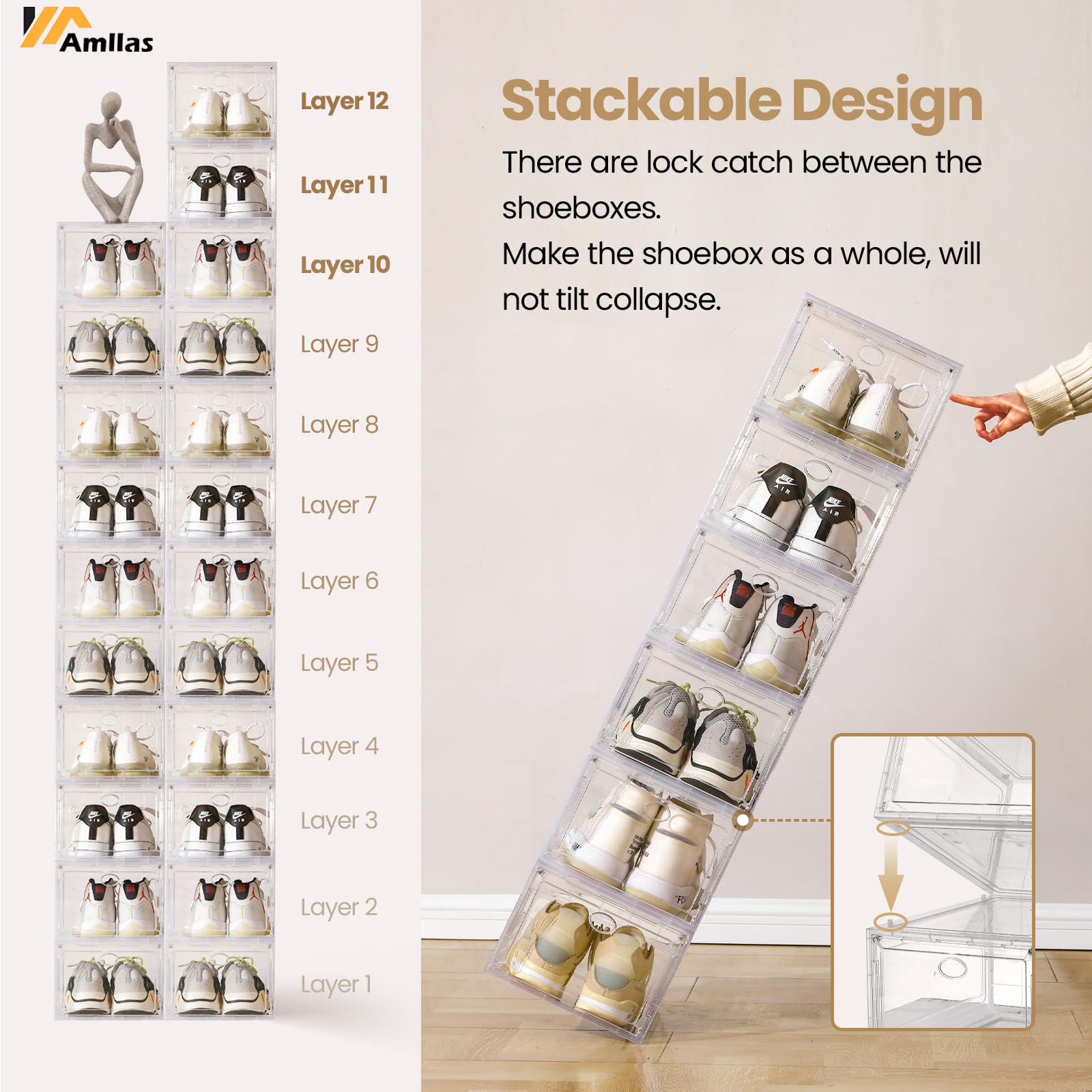 Amllas stackable shoe boxes with lock catches prevent tilting and keep organized.