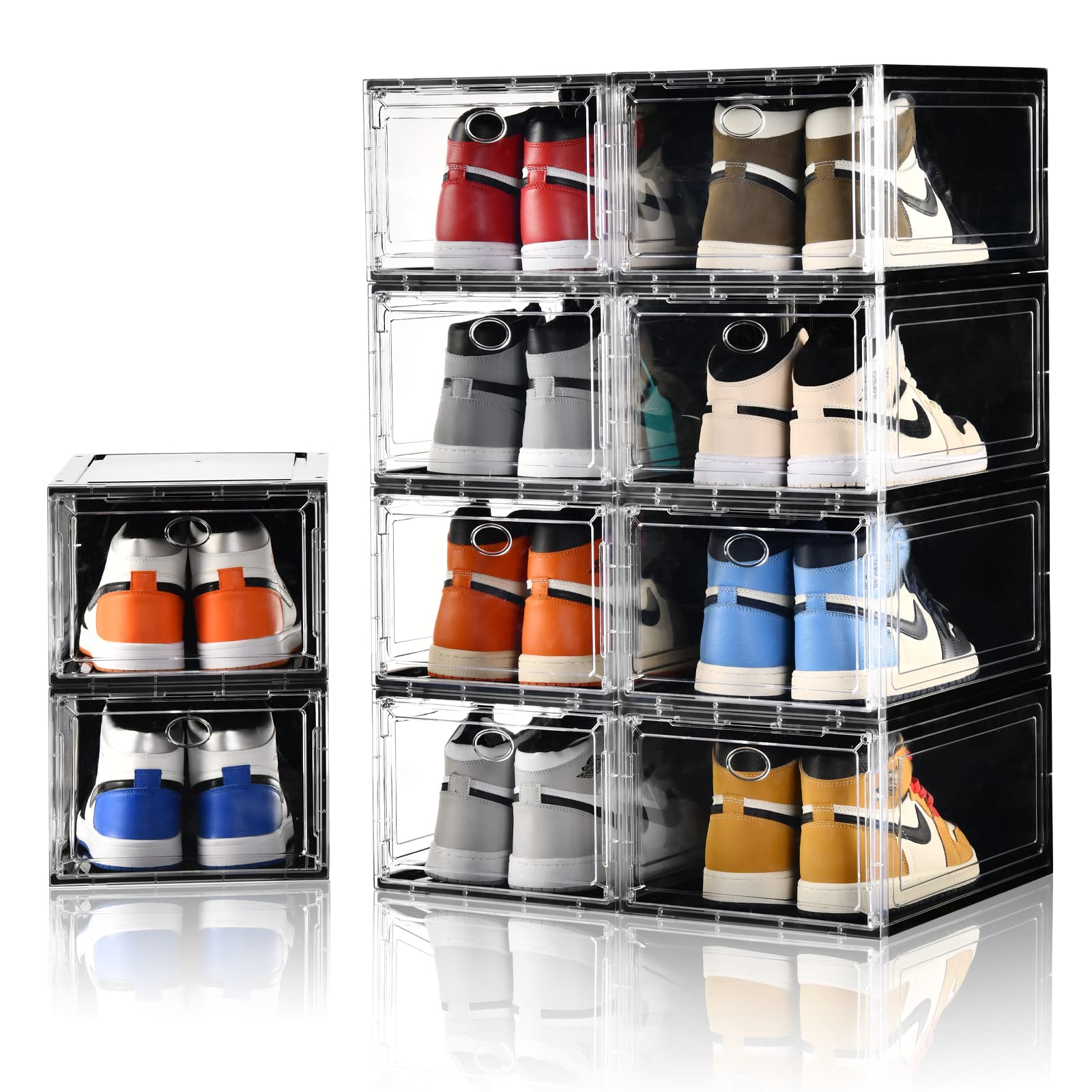 Amllas shoe boxes with transparent body for quick sneaker view and protection.