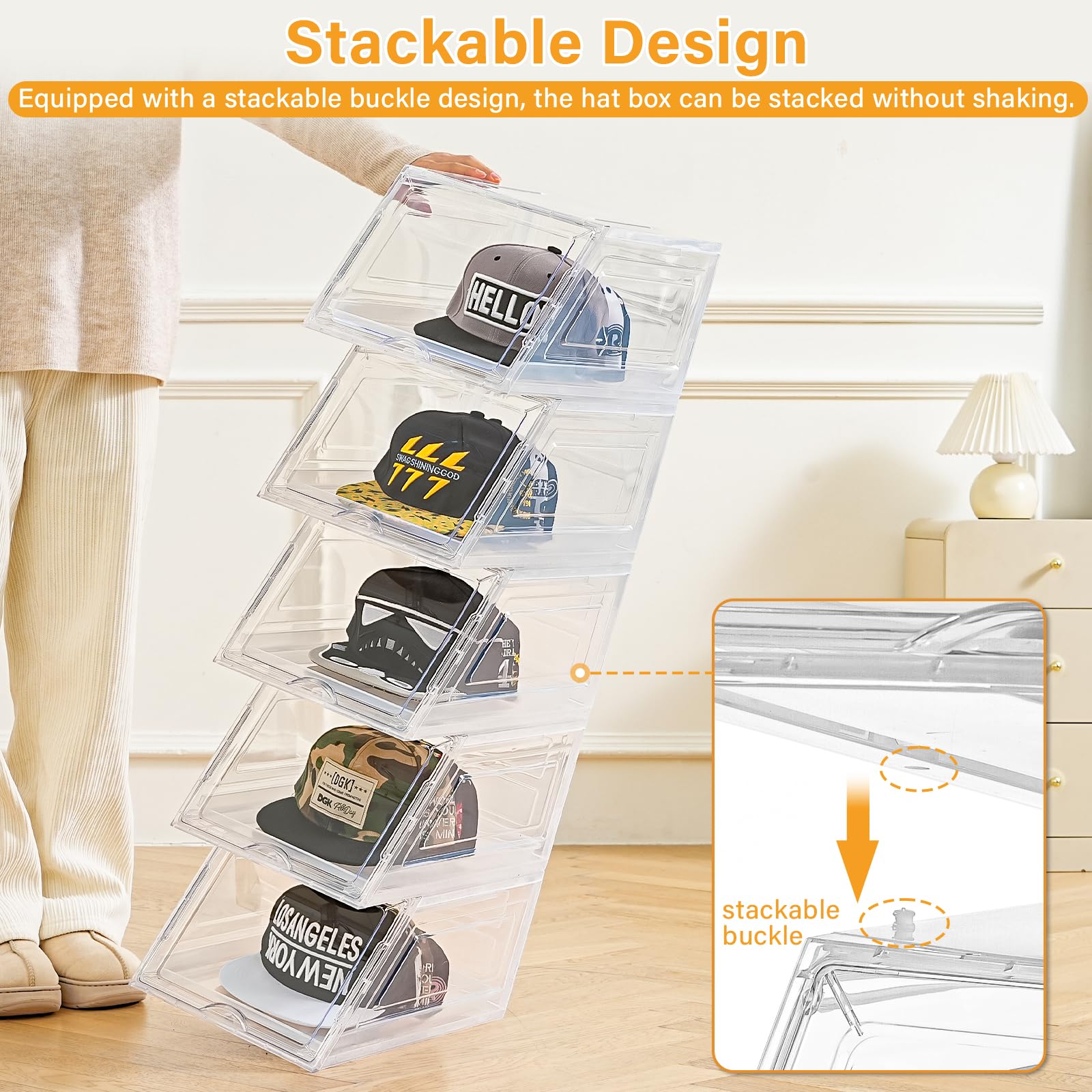 Amllas stackable hat organizer drawer offers quick retrieval without moving other hats.