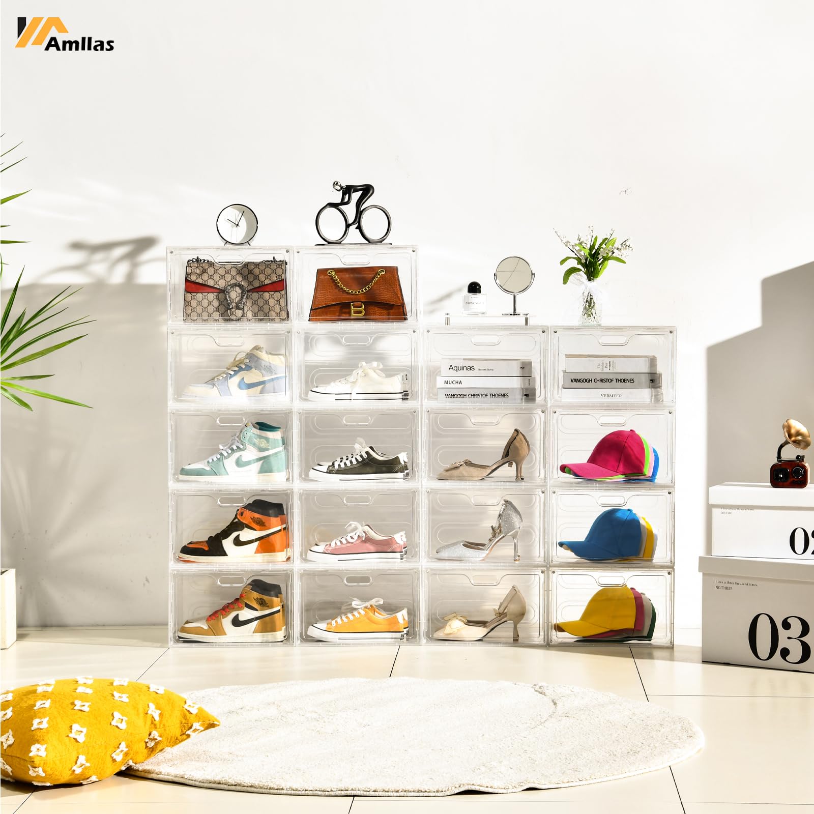 Amllas stackable design saves space for multi-tier shoe storage.