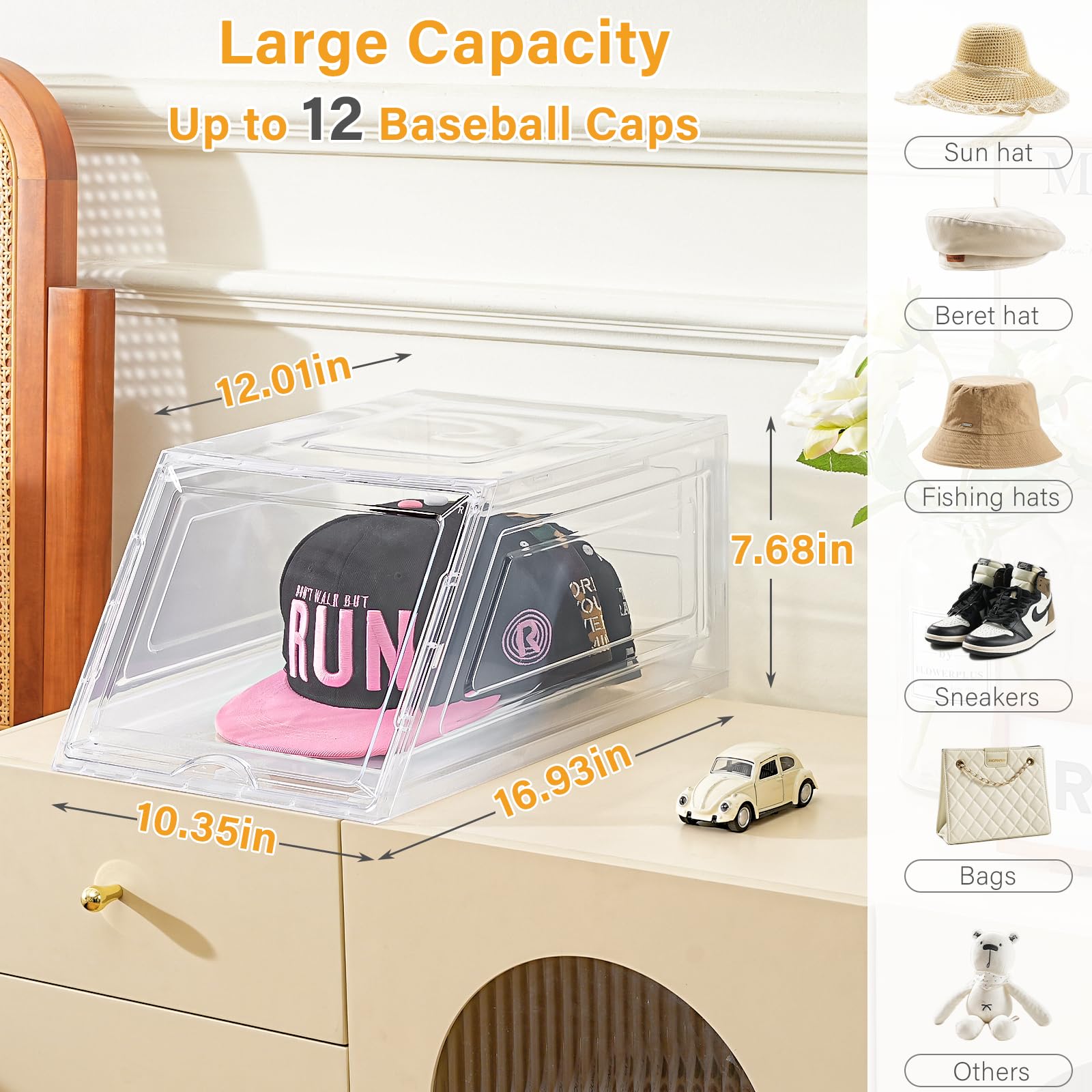 Amllas transparent hat box showcases hats while protecting from dust.