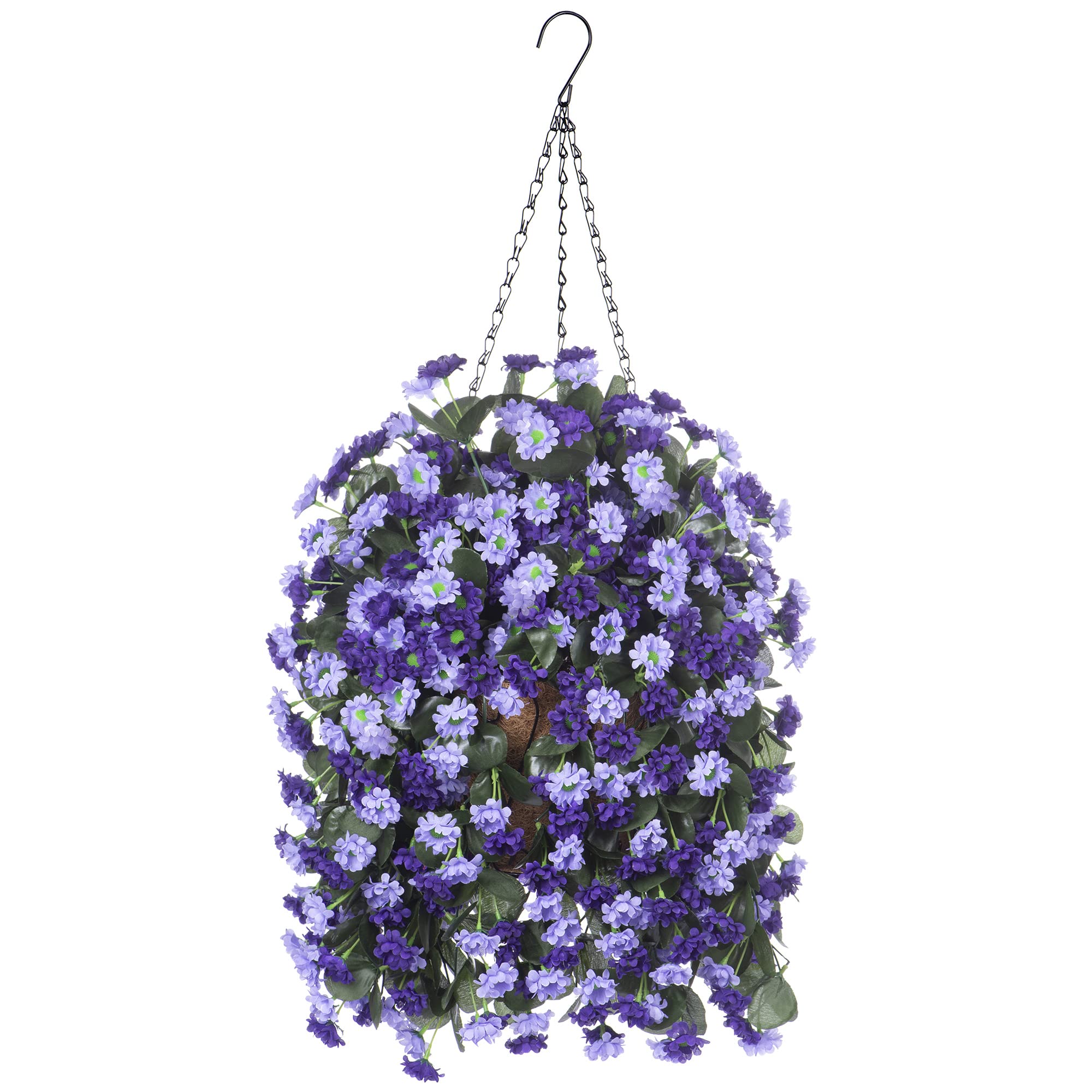 Ammyoo artificial flowers in a hanging basket with deep purple blooms for year-round outdoor decor.