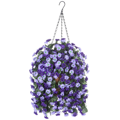 Ammyoo artificial flowers in a hanging basket with deep purple blooms for year-round outdoor decor.