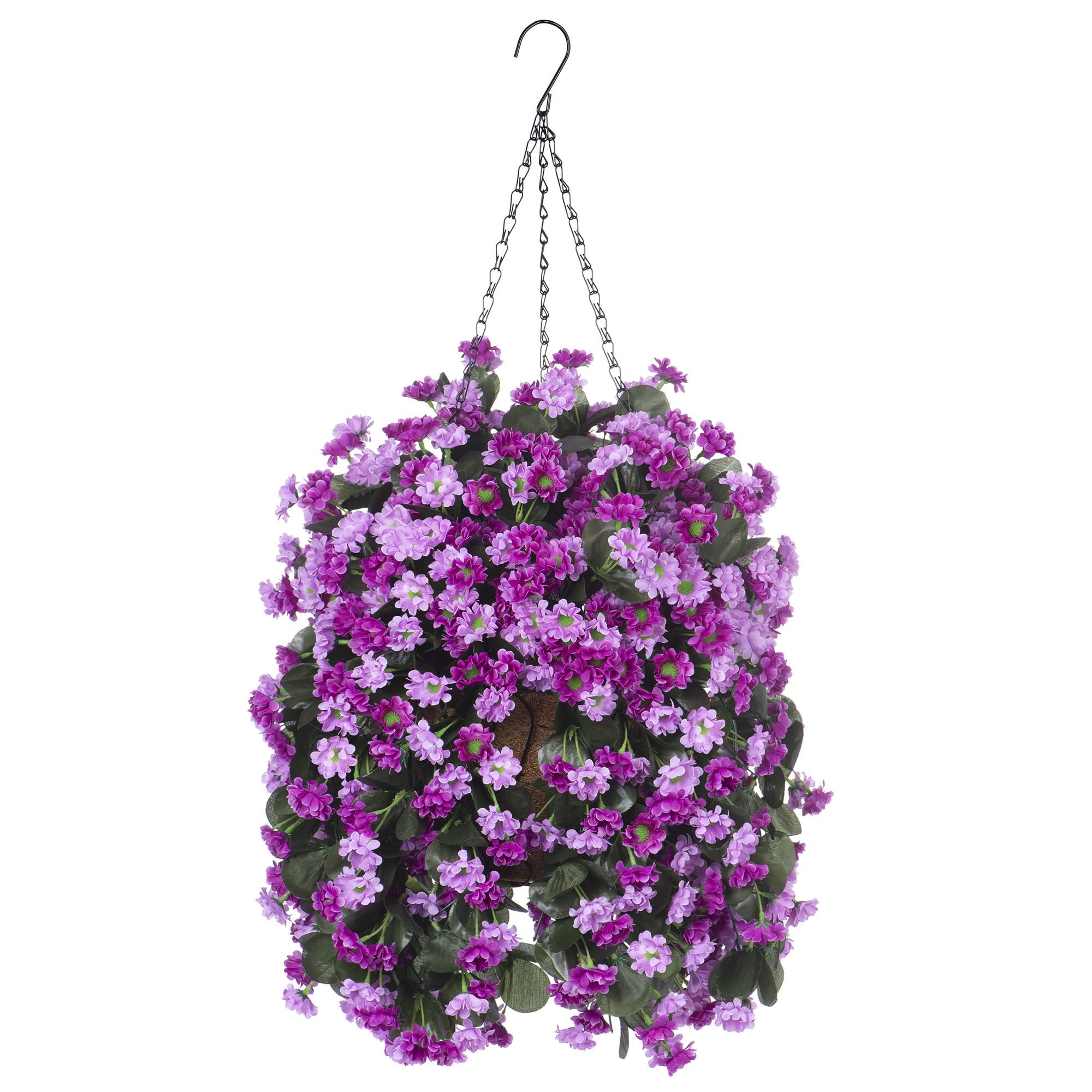 Ammyoo artificial flowers in hanging basket with purple pink daisies for year-round porch decor.