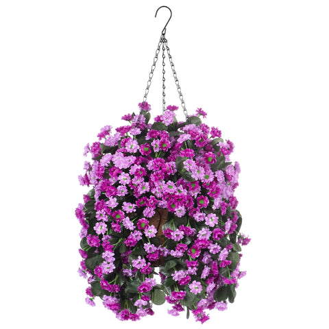 Ammyoo artificial flowers in hanging basket with purple pink daisies for year-round porch decor.